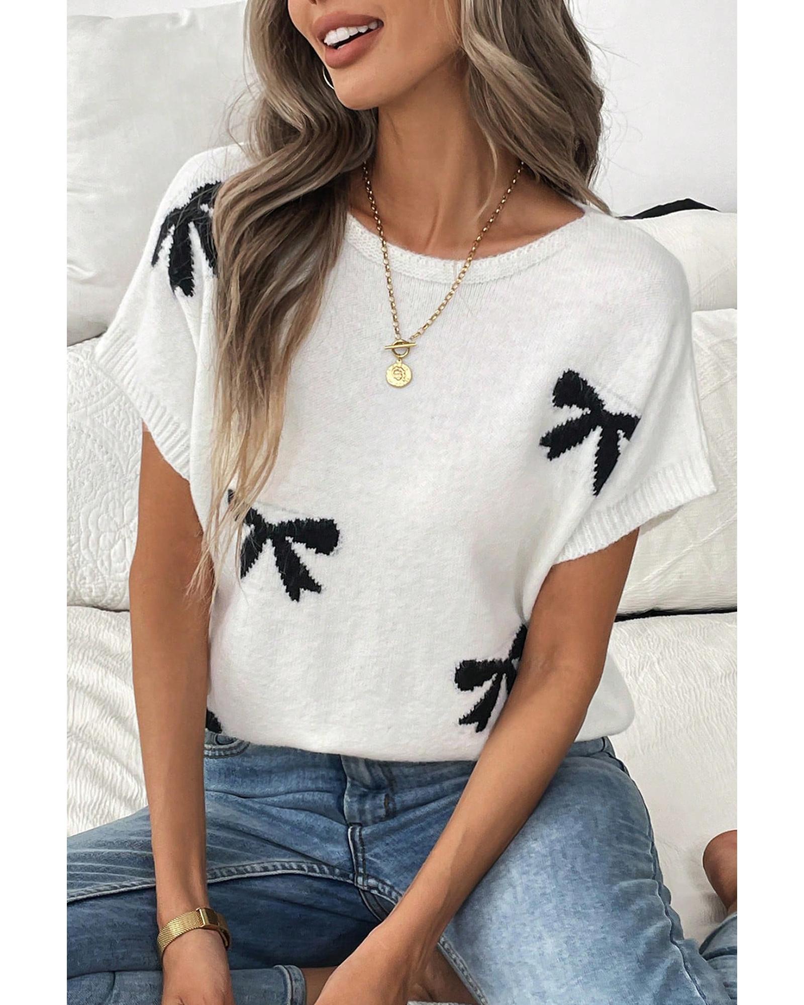 Black Bow Pattern Knit Short Sleeve Sweater - M