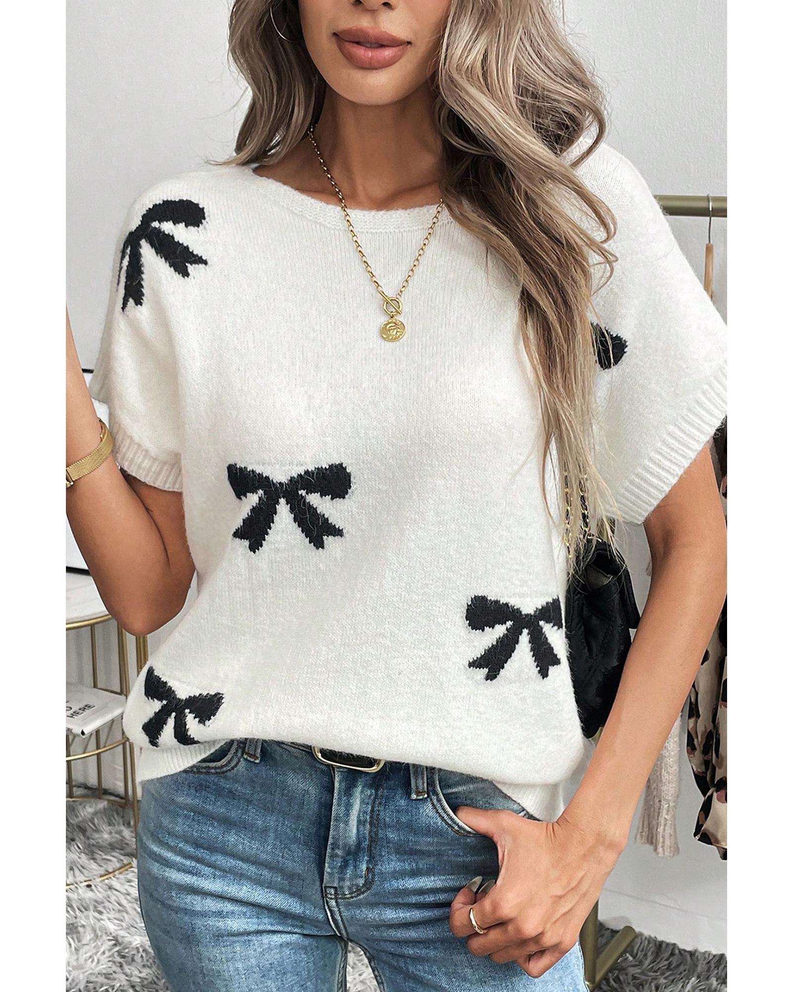 Black Bow Pattern Knit Short Sleeve Sweater - M