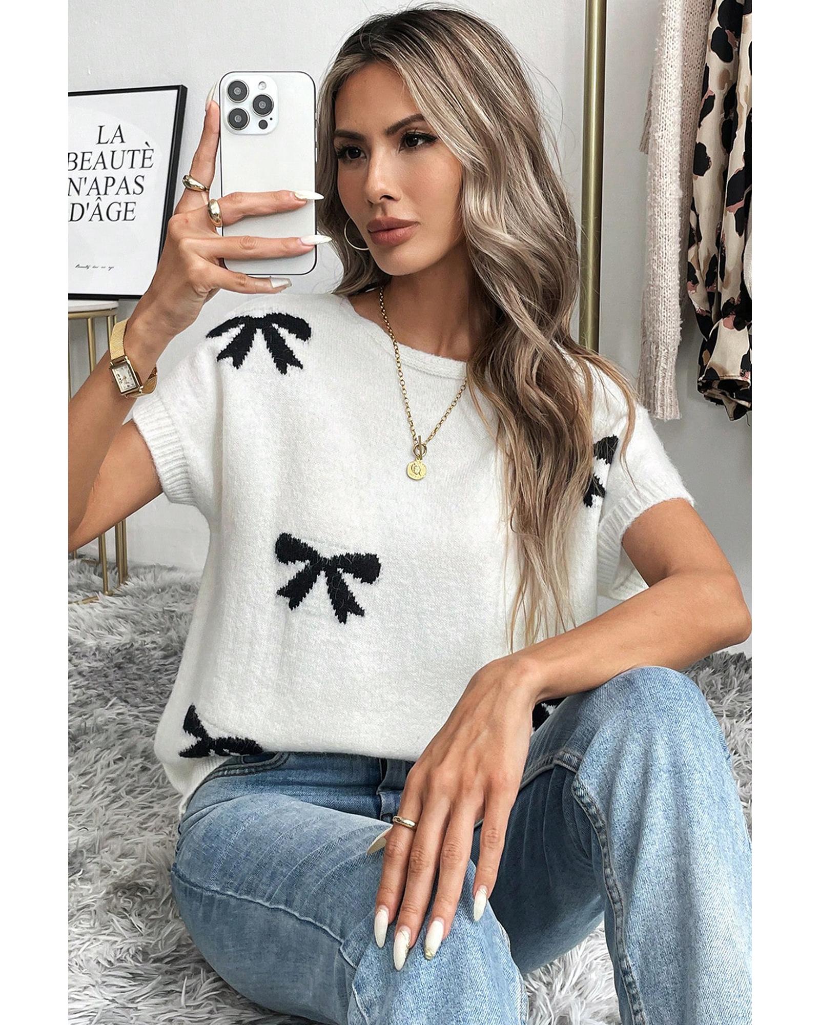 Black Bow Pattern Knit Short Sleeve Sweater - M