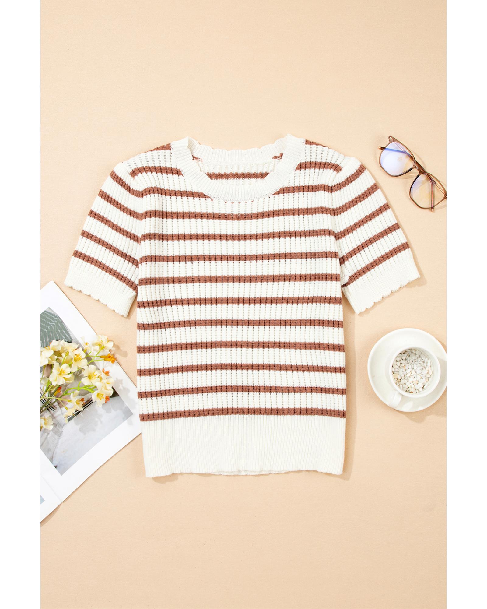 Khaki Stripe Scalloped Round Neck Short Sleeve Sweater - L