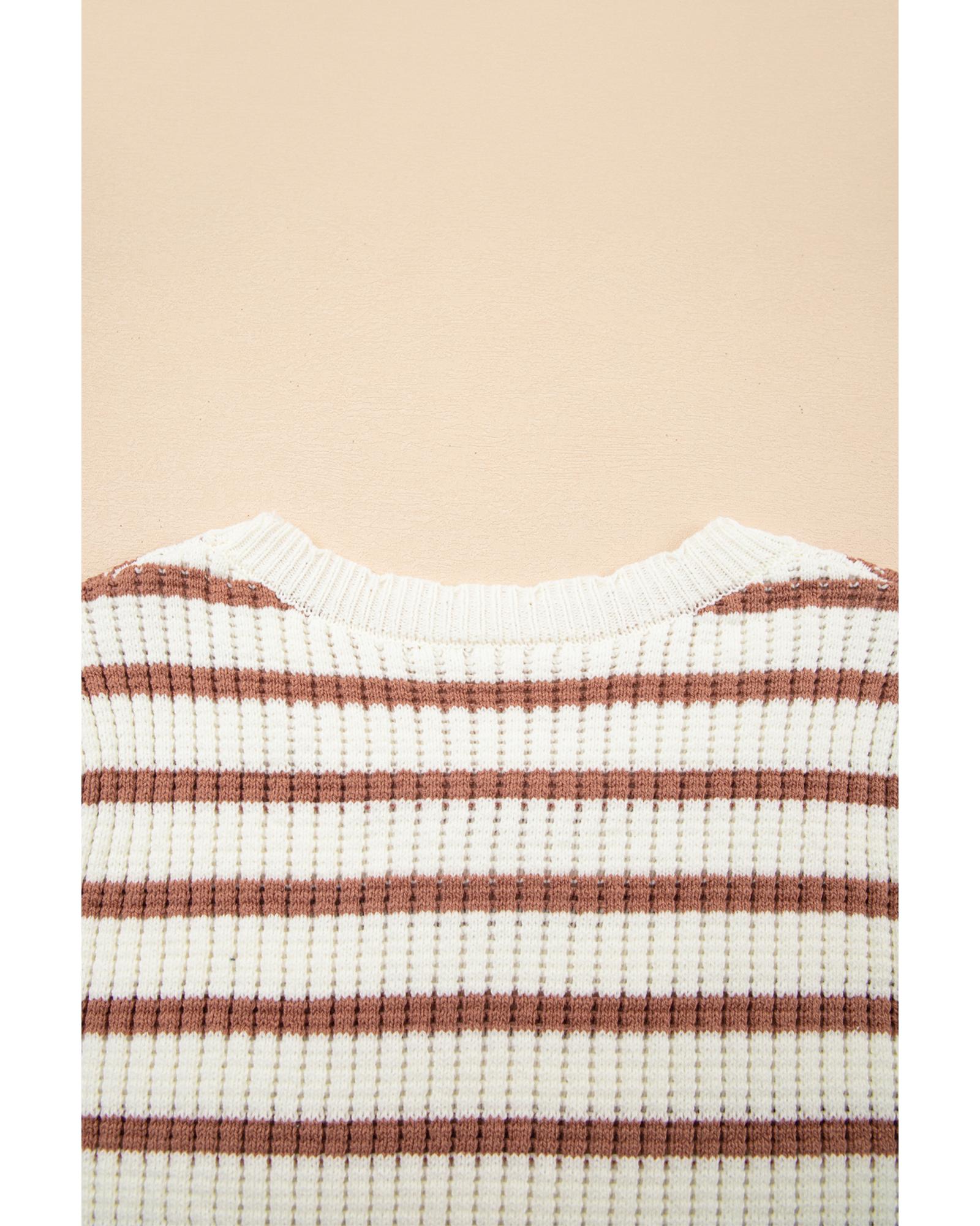 Khaki Stripe Scalloped Round Neck Short Sleeve Sweater - L