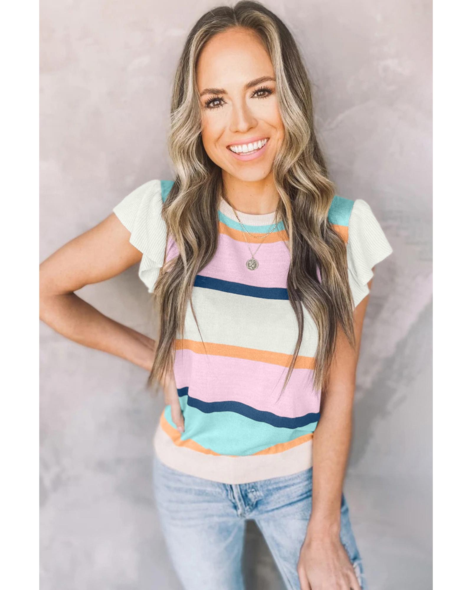 Multicolour Striped Color Block Flutter Sleeve Patchwork Sweater Top - L
