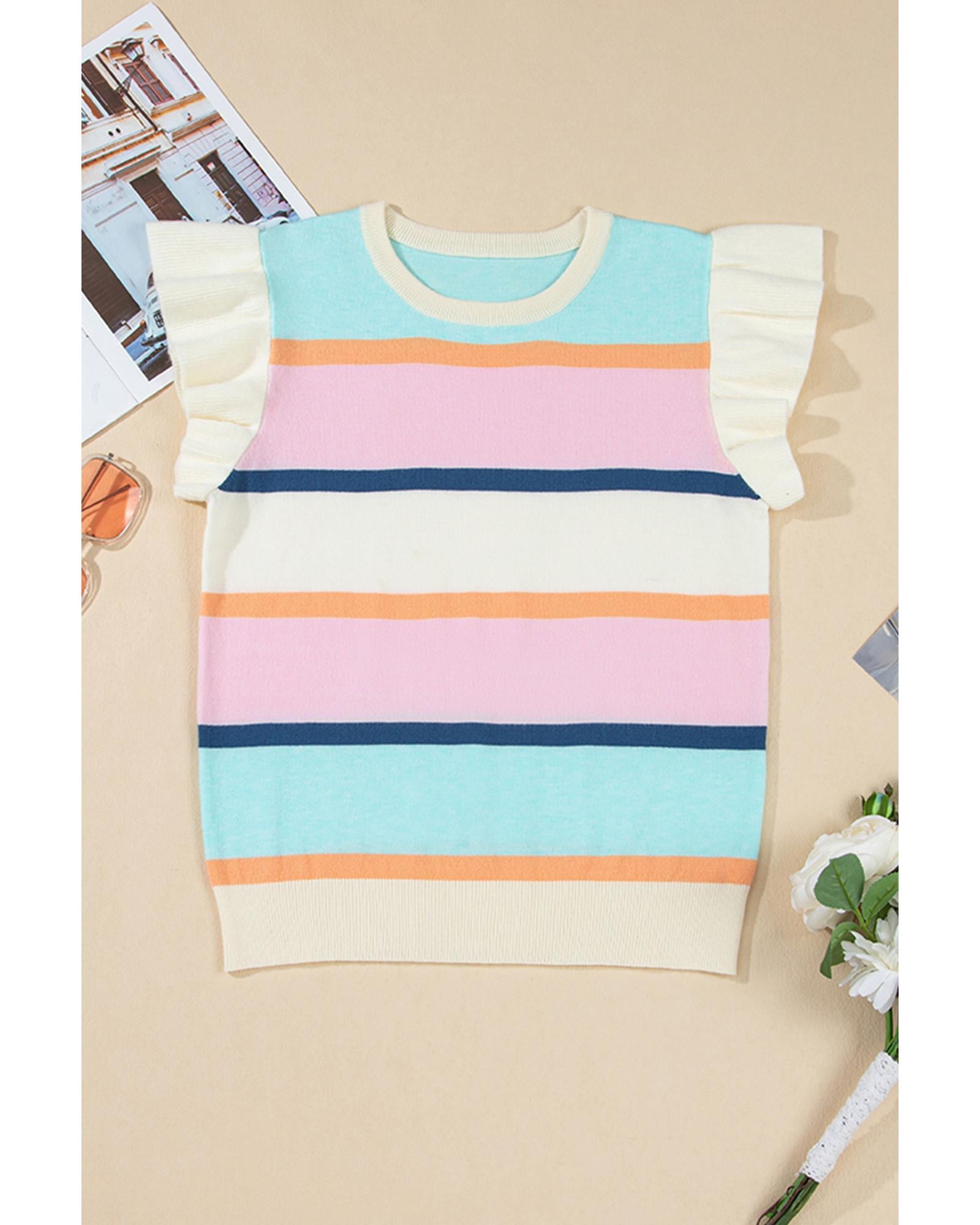 Multicolour Striped Color Block Flutter Sleeve Patchwork Sweater Top - L