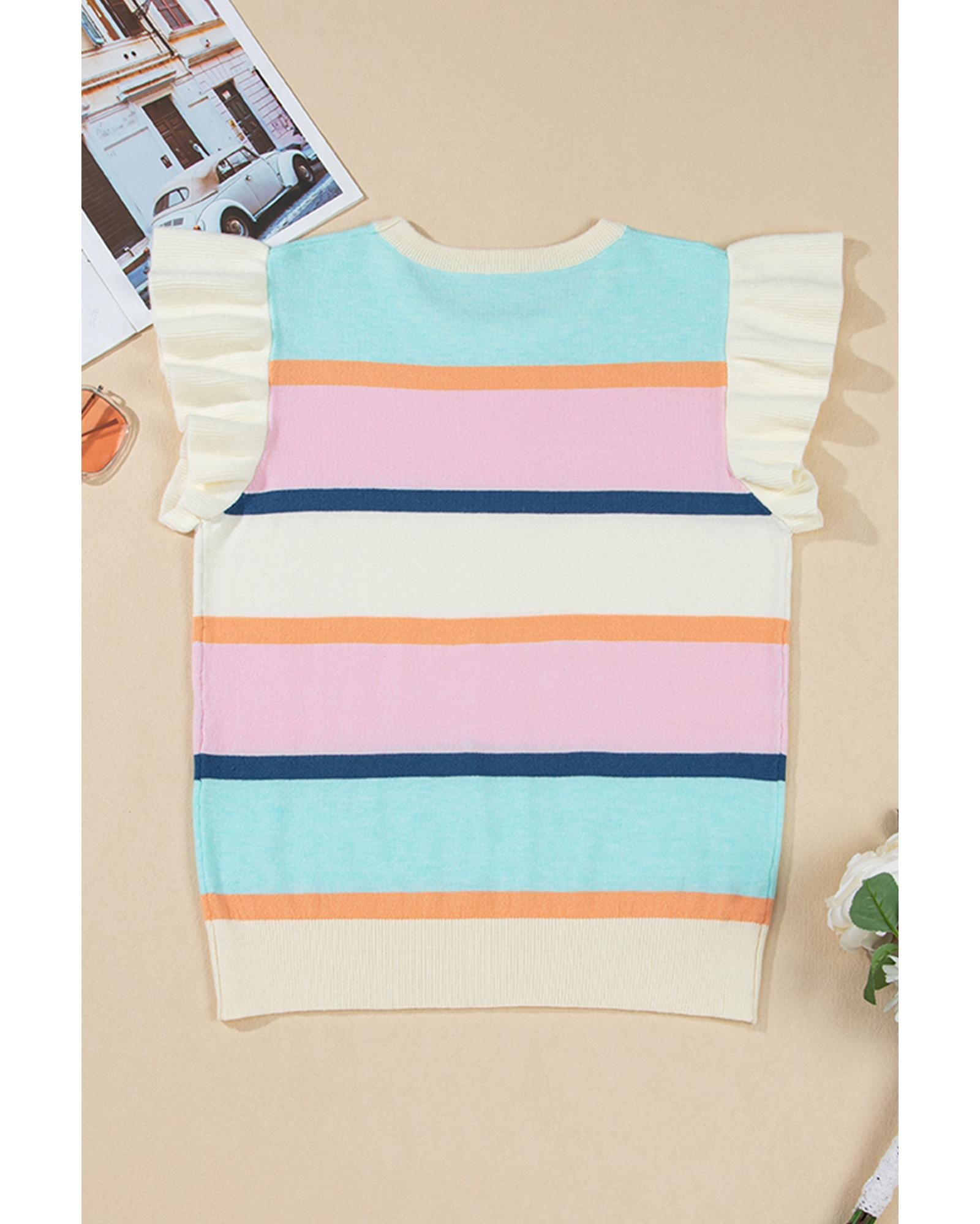 Multicolour Striped Color Block Flutter Sleeve Patchwork Sweater Top - L