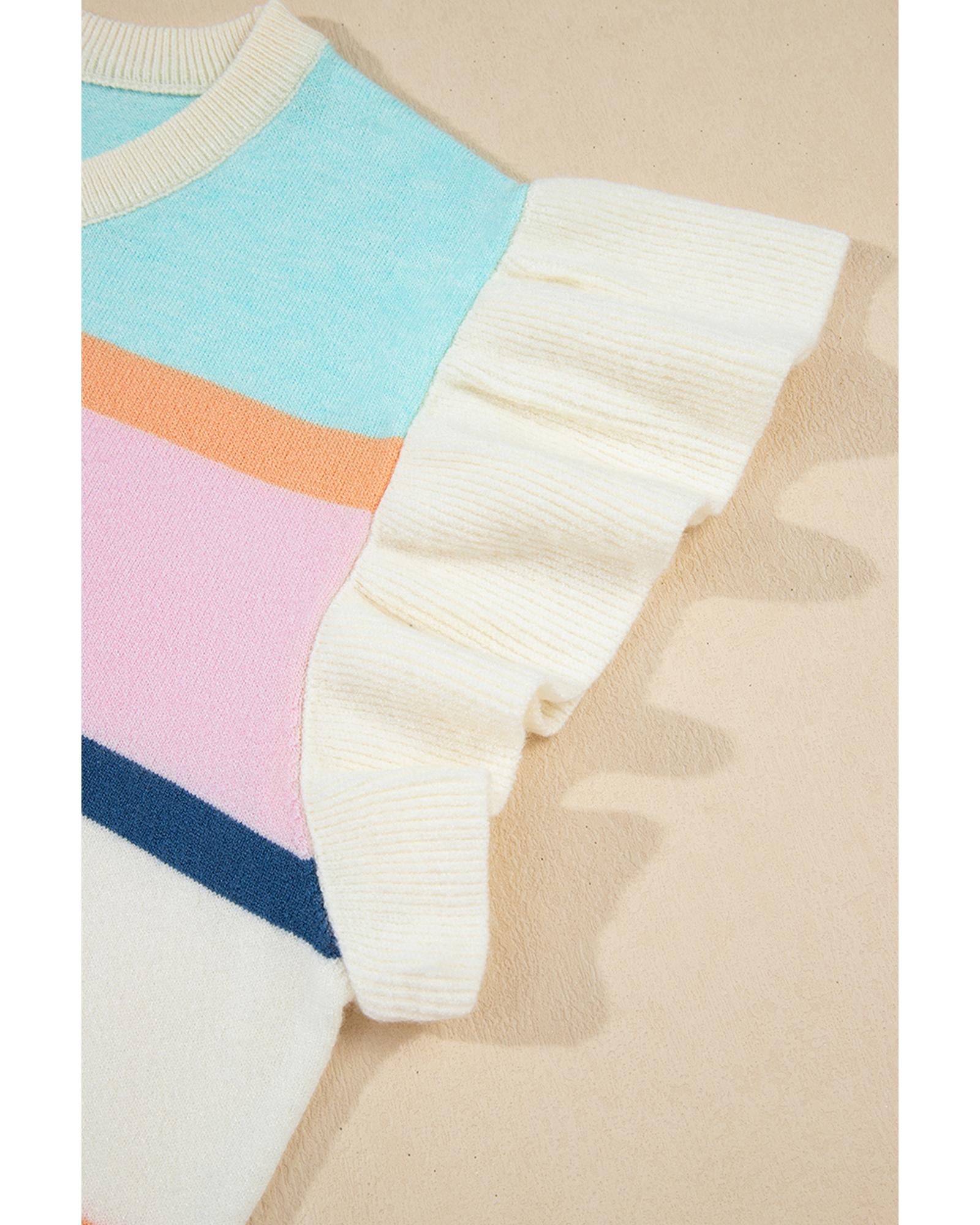 Multicolour Striped Color Block Flutter Sleeve Patchwork Sweater Top - L