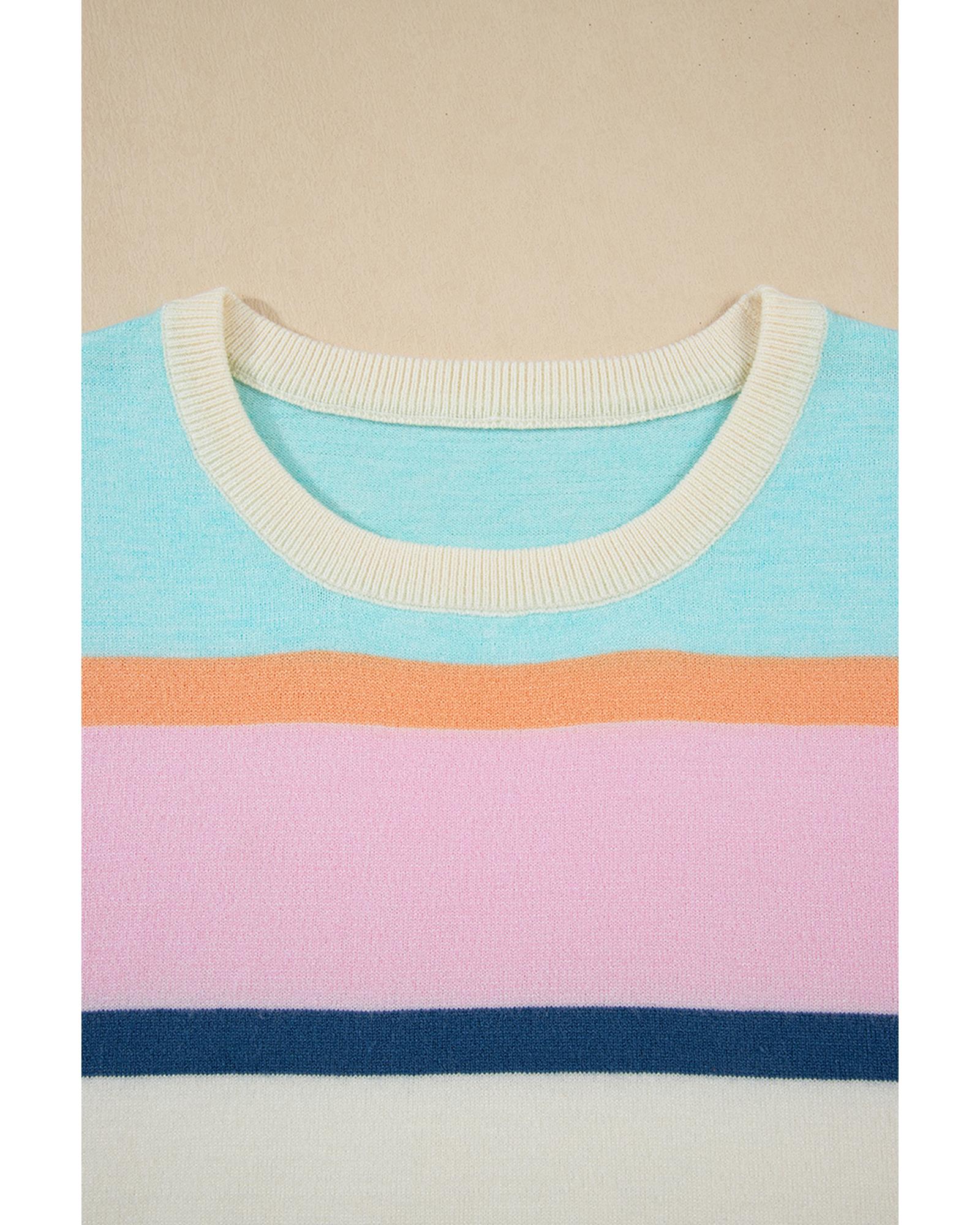 Multicolour Striped Color Block Flutter Sleeve Patchwork Sweater Top - L