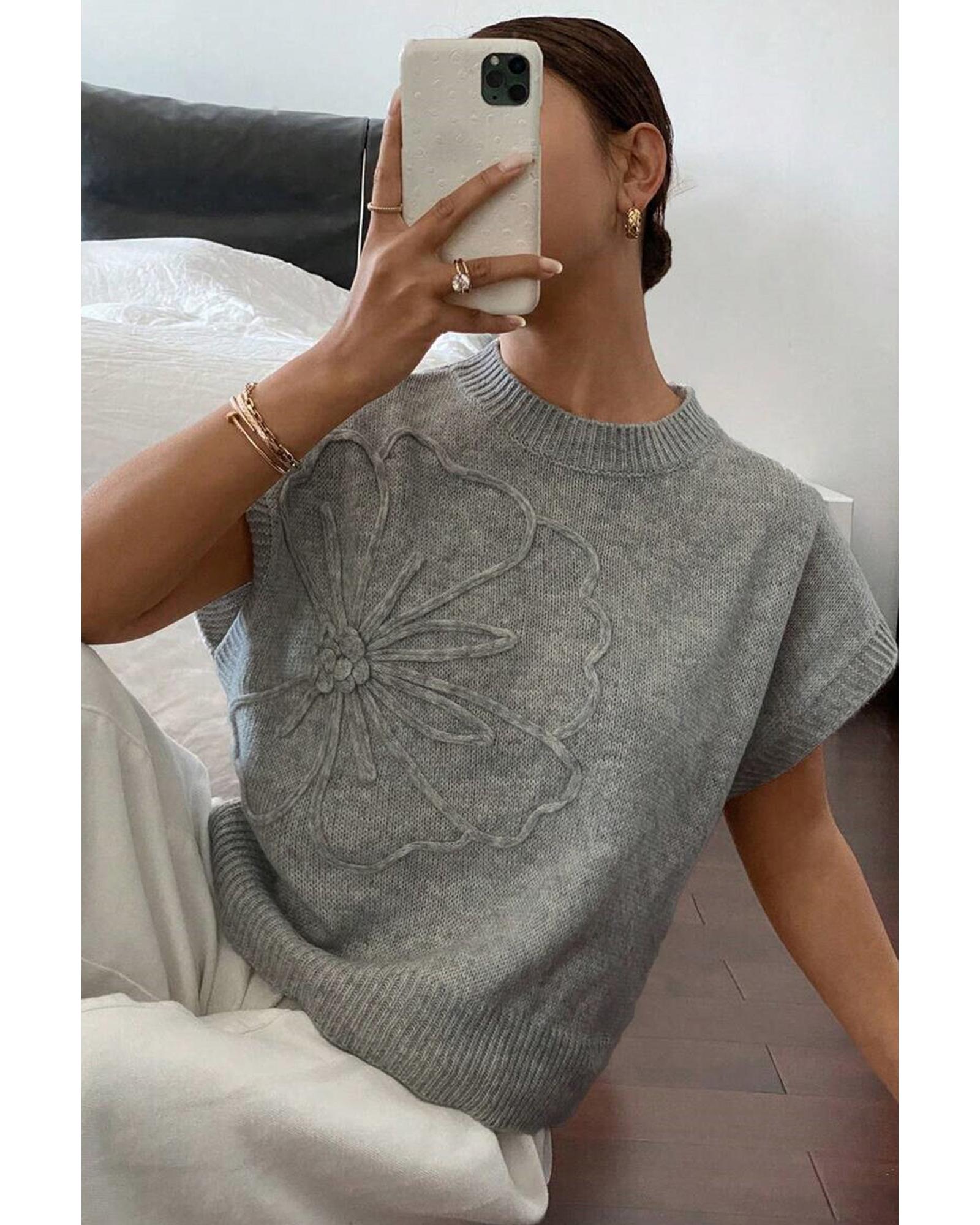 High Flower Pattern Ribbed Trim Short Sleeve Boxy Sweater - XL