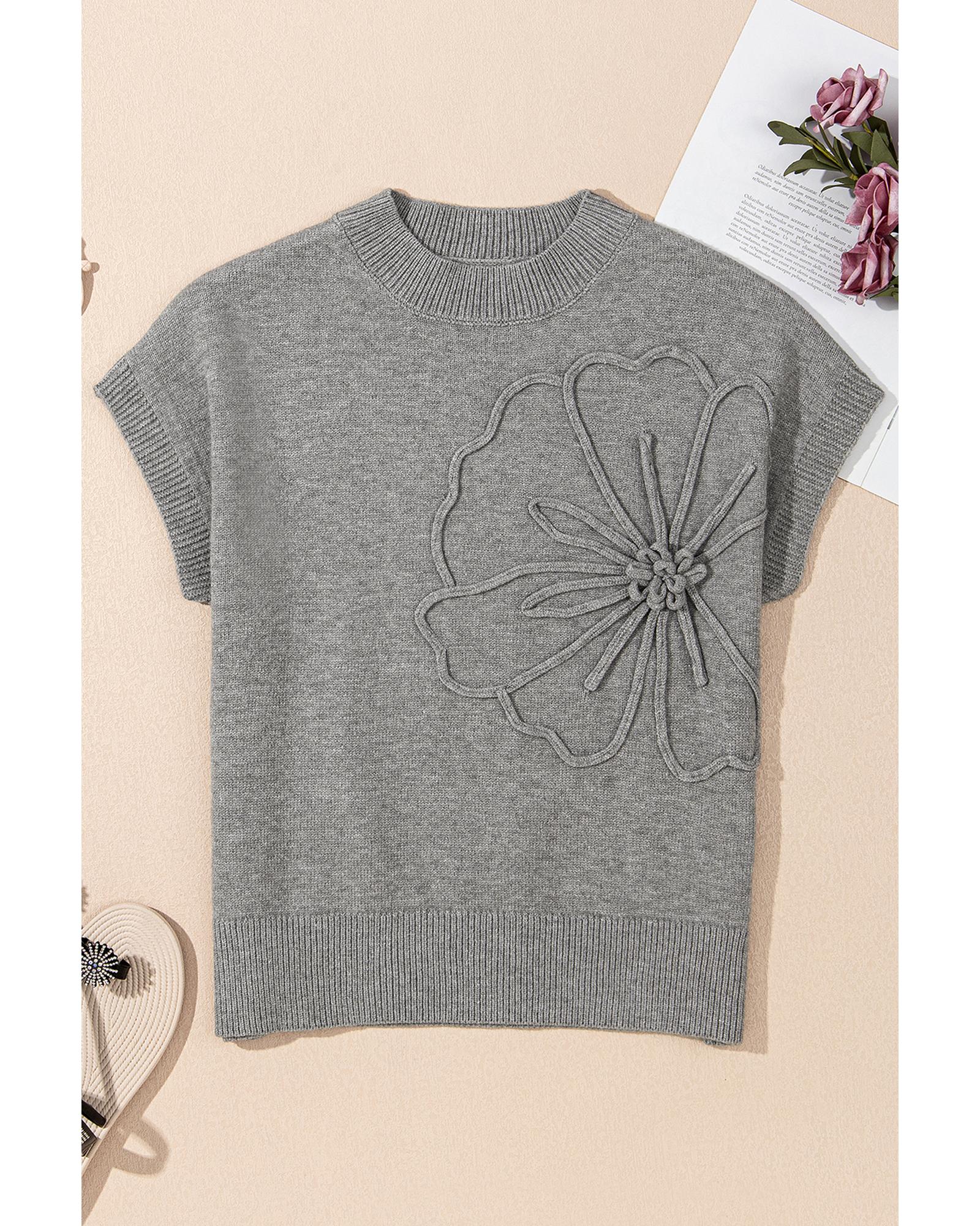 High Flower Pattern Ribbed Trim Short Sleeve Boxy Sweater - XL