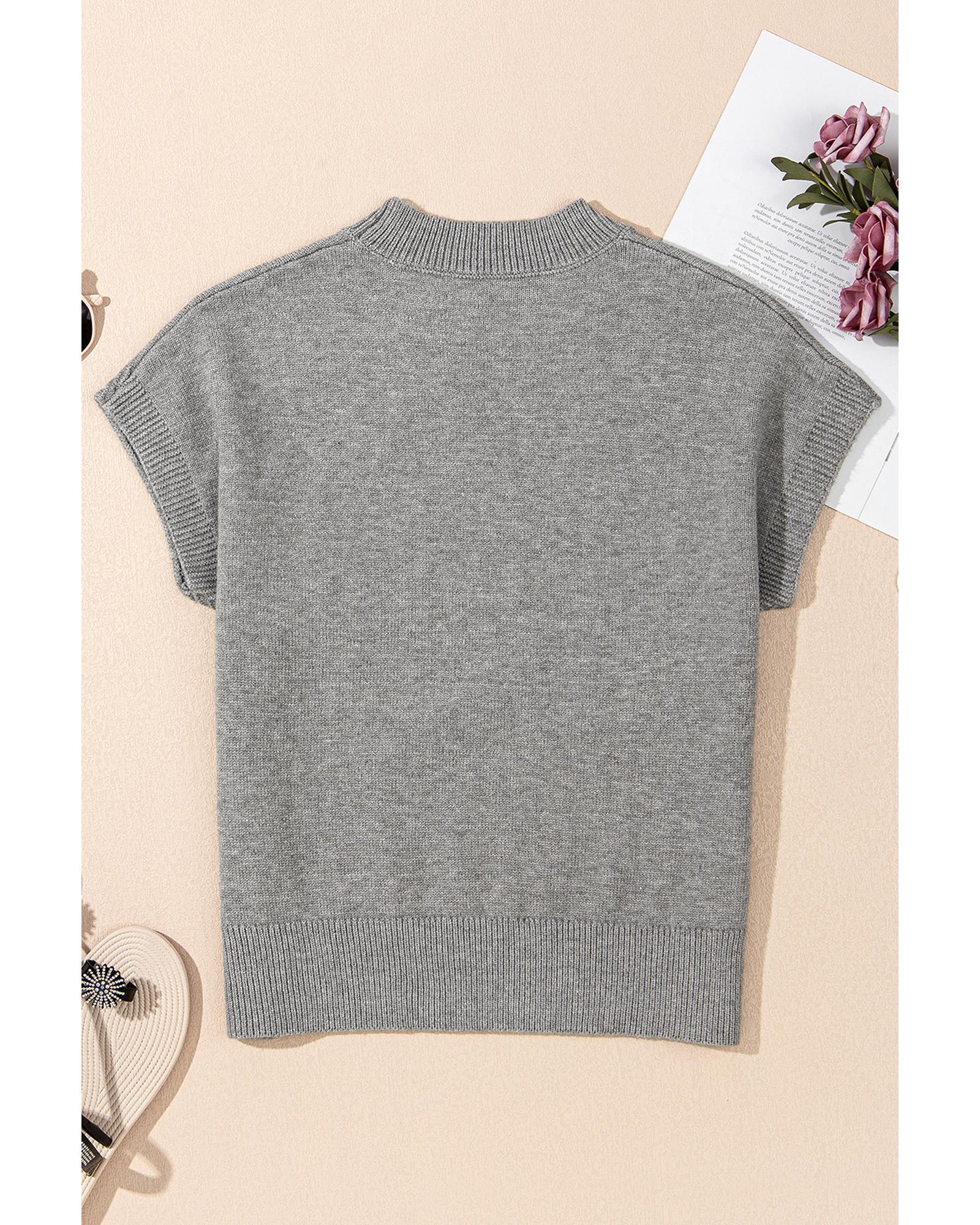 High Flower Pattern Ribbed Trim Short Sleeve Boxy Sweater - XL