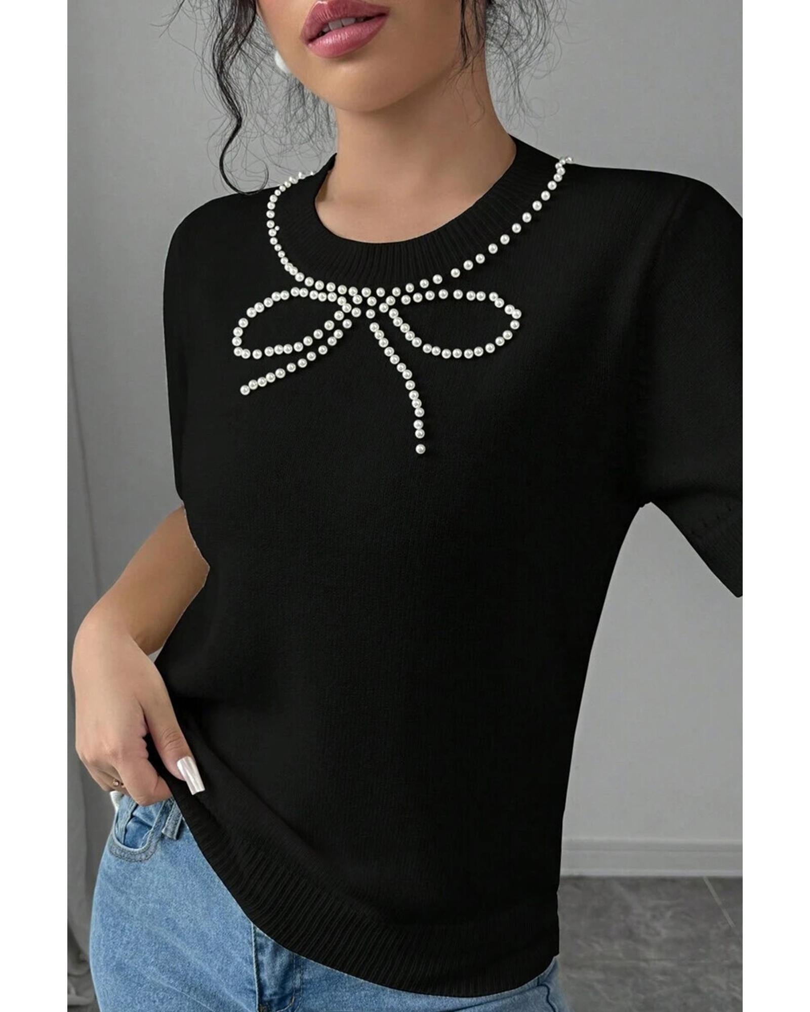 Black Pearl Bow Necklace Embellished Short Sleeve Knitted T Shirt - M