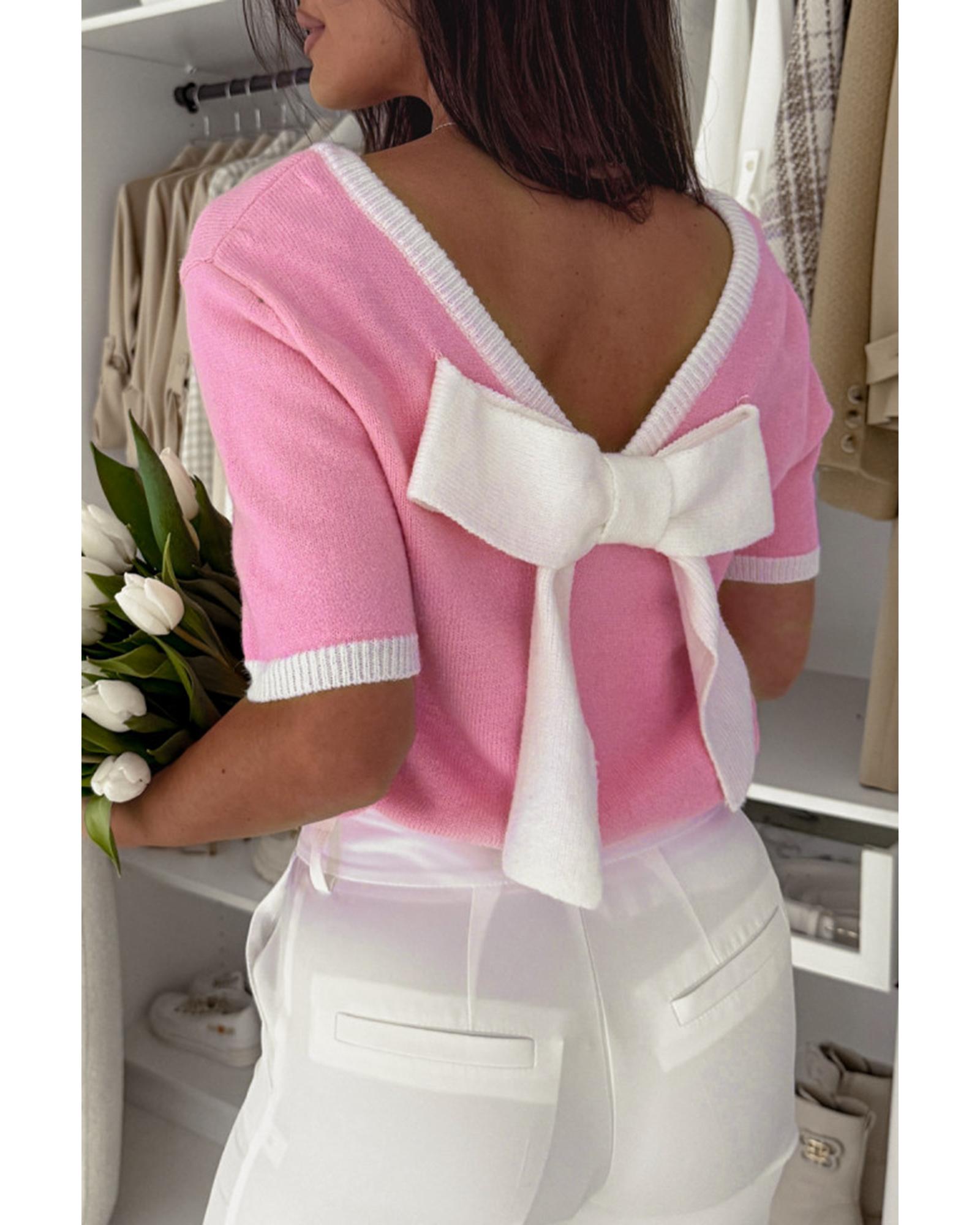 Bonbon Colorblock Bow V-Shape Cut Back Short Sleeve Sweater - L