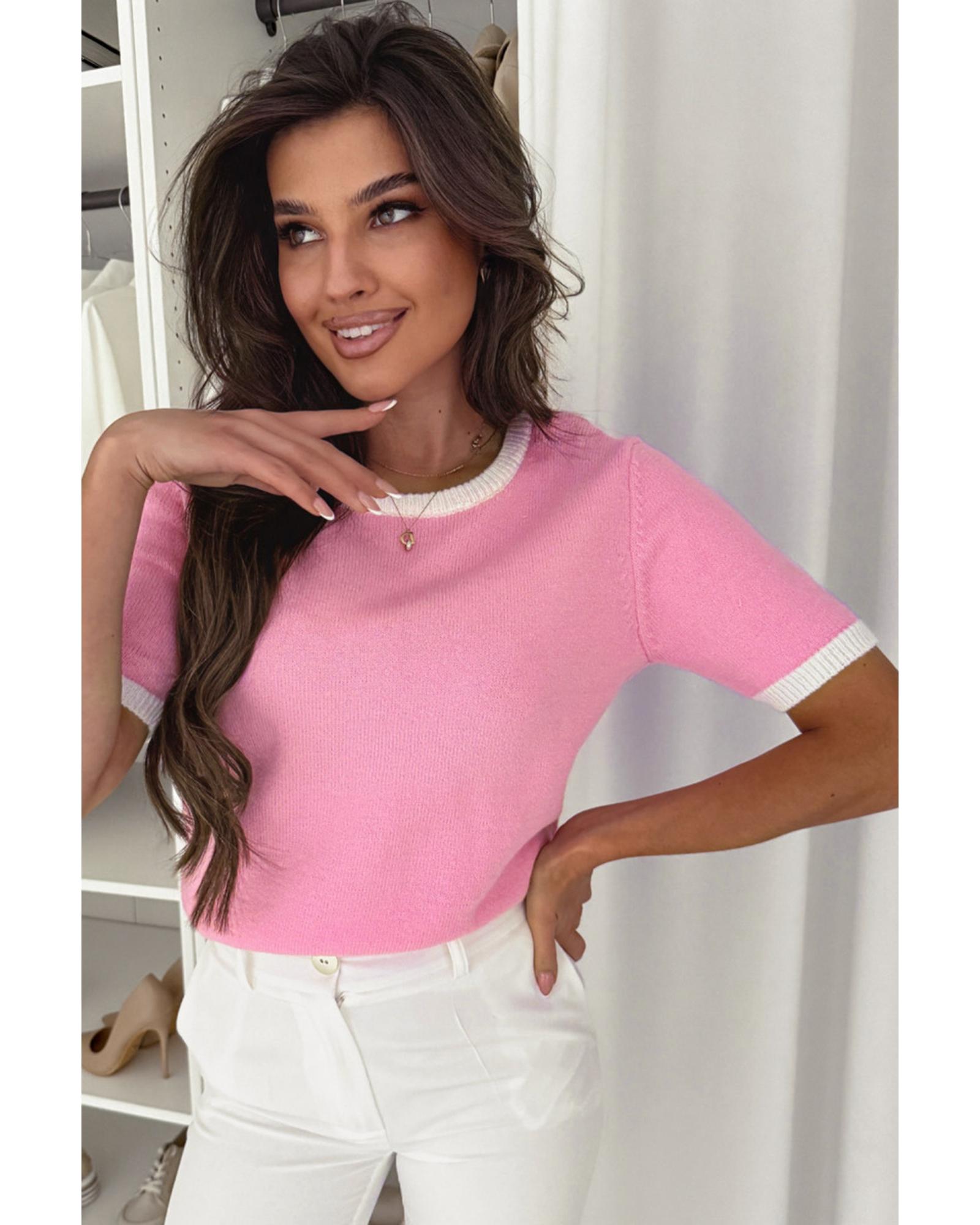Bonbon Colorblock Bow V-Shape Cut Back Short Sleeve Sweater - L