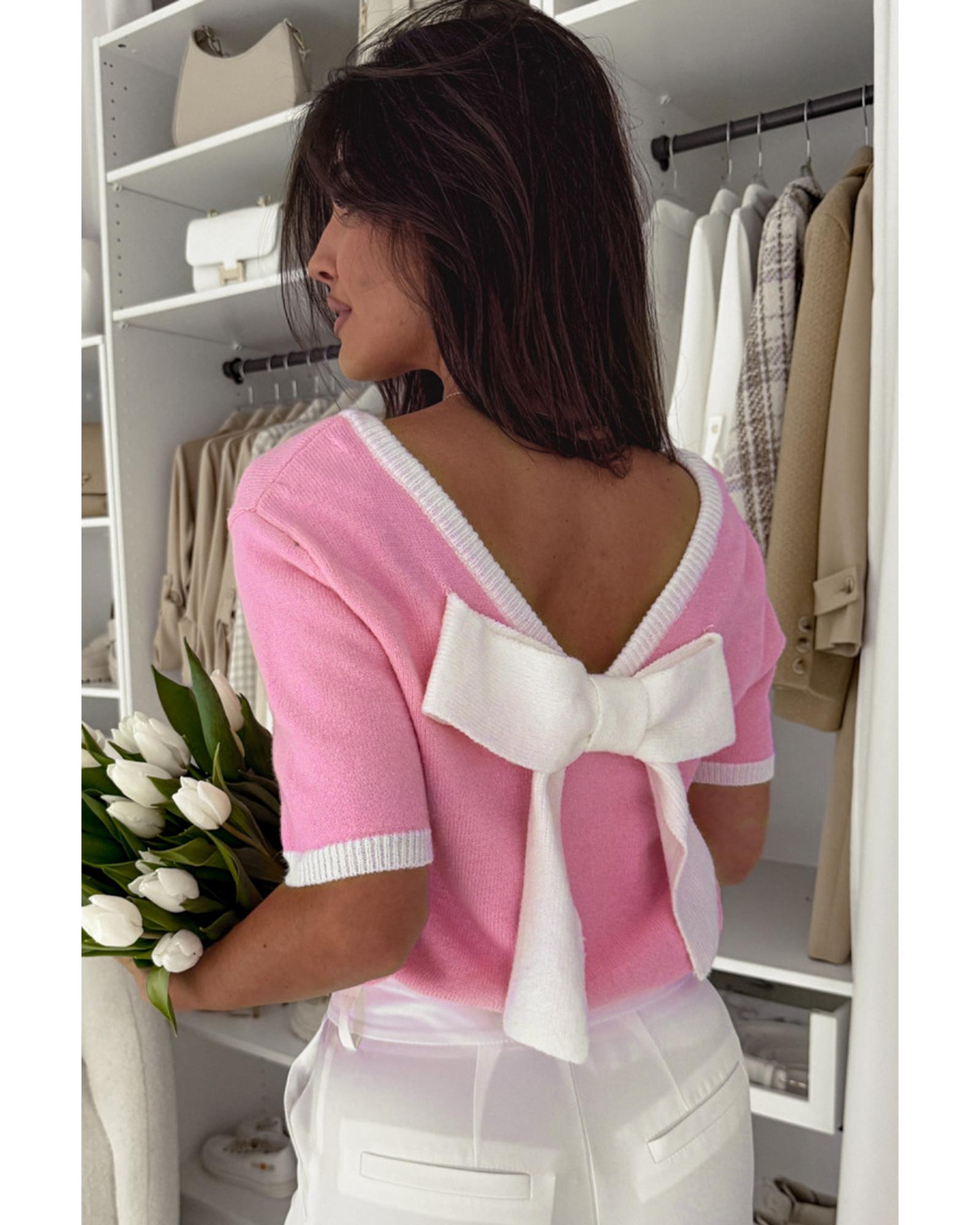 Bonbon Colorblock Bow V-Shape Cut Back Short Sleeve Sweater - L