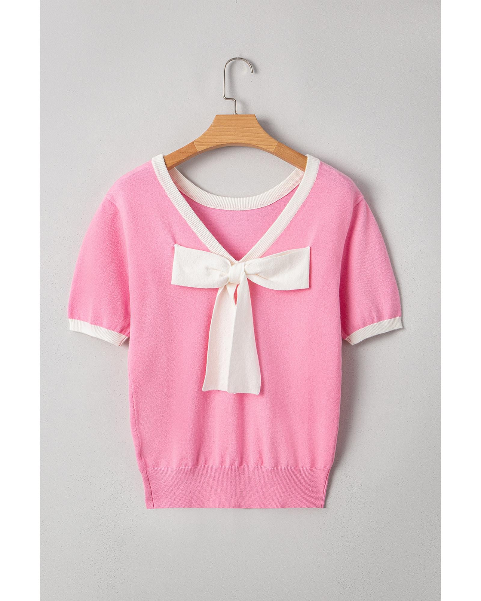 Bonbon Colorblock Bow V-Shape Cut Back Short Sleeve Sweater - L