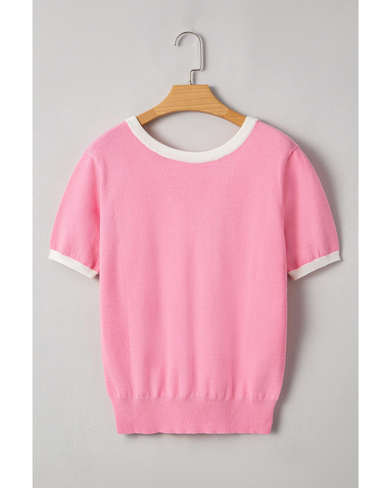 Bonbon Colorblock Bow V-Shape Cut Back Short Sleeve Sweater - L