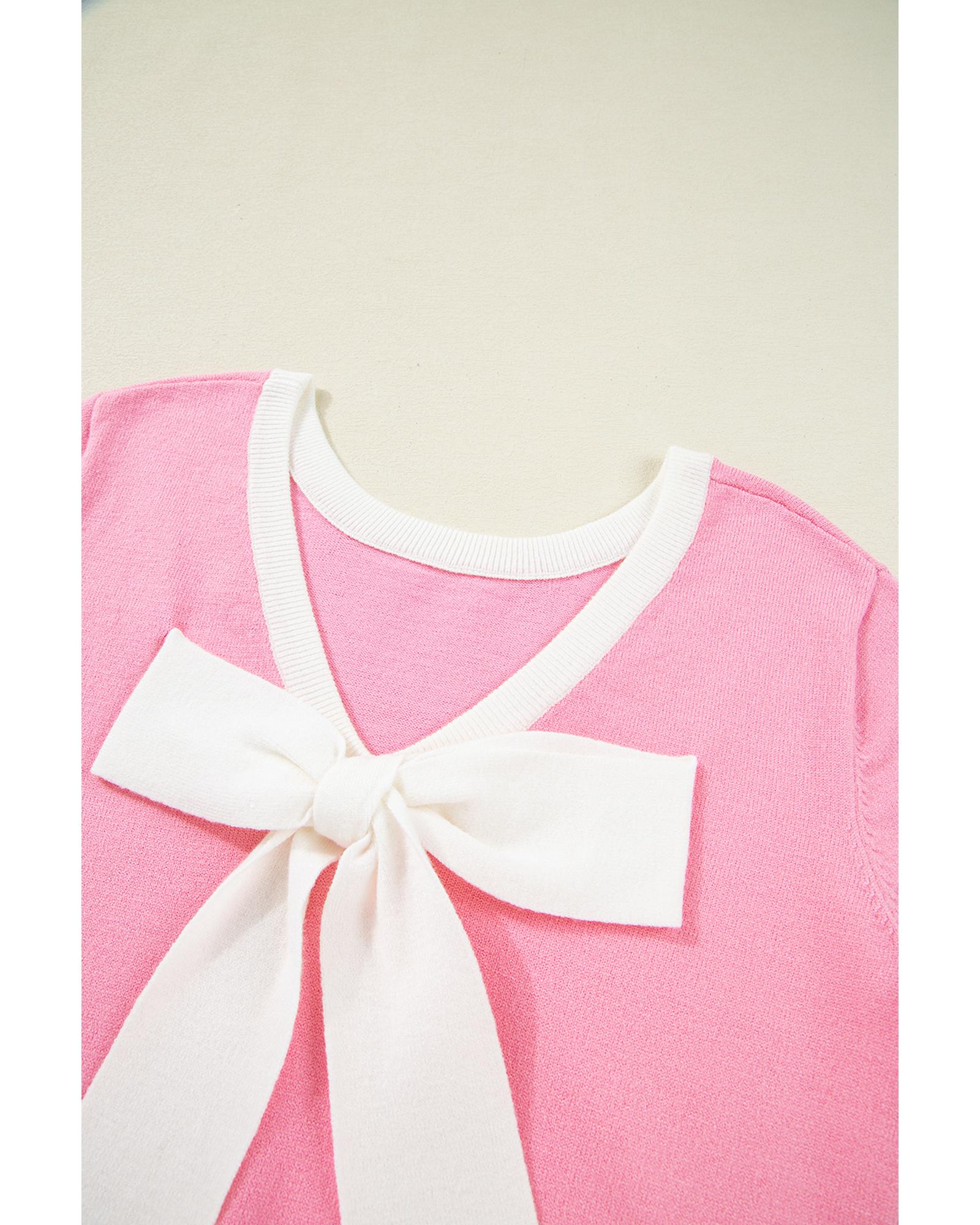 Bonbon Colorblock Bow V-Shape Cut Back Short Sleeve Sweater - L