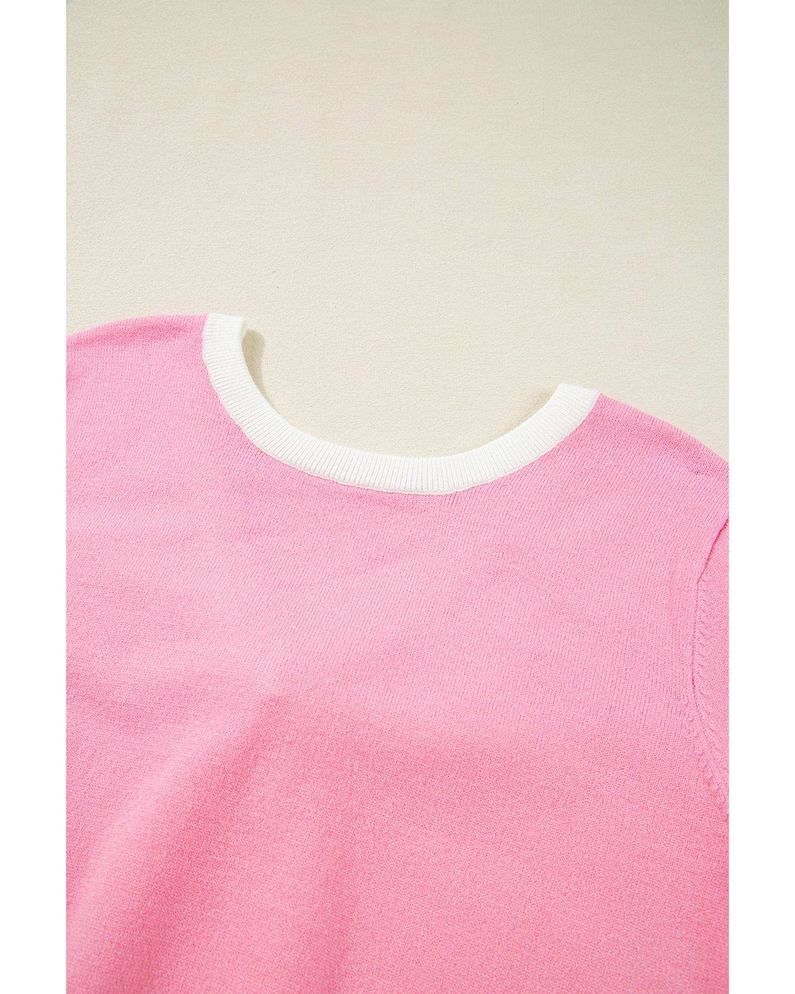 Bonbon Colorblock Bow V-Shape Cut Back Short Sleeve Sweater - L