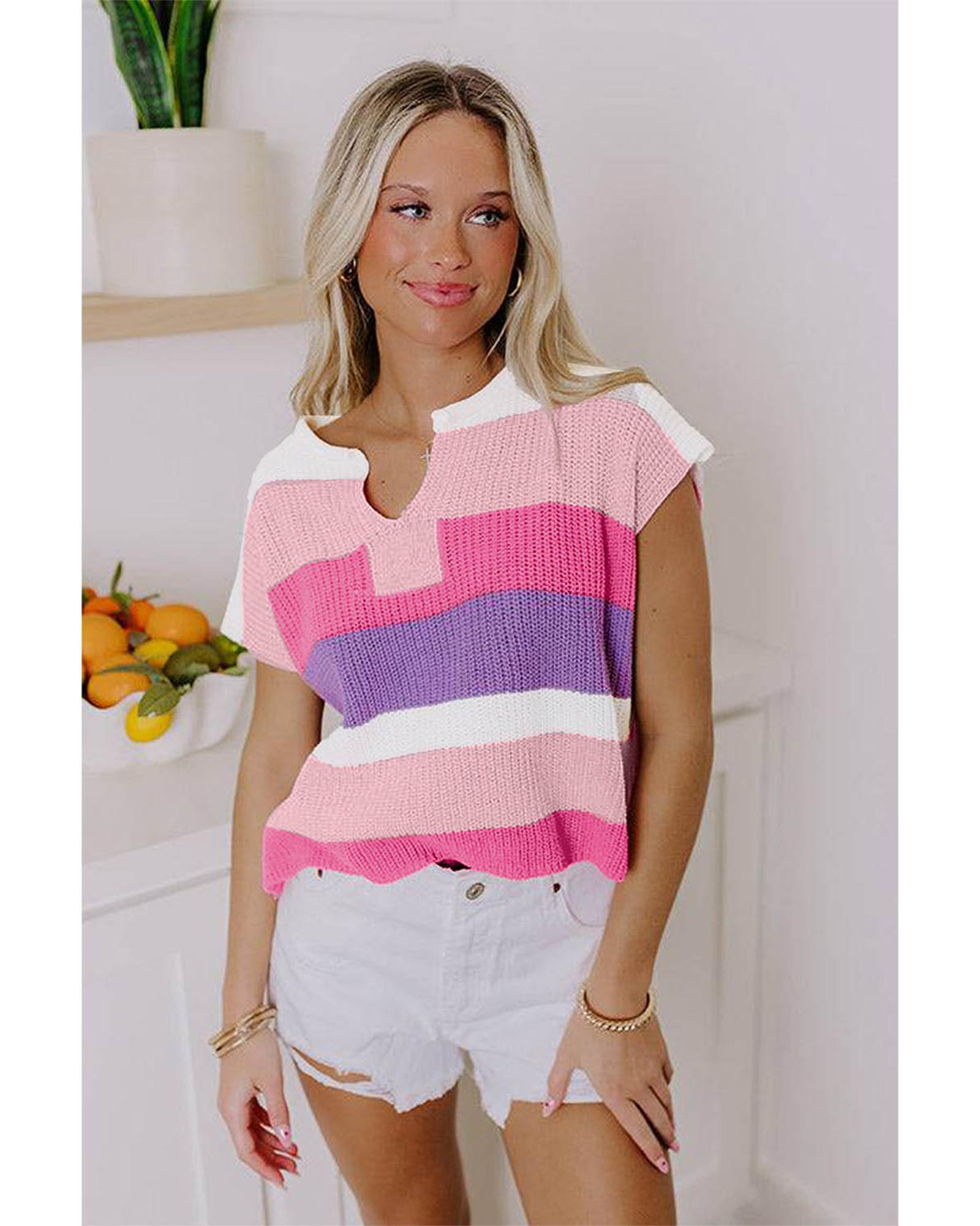 Pink Color Block Notch V Neck Sweater T Shirt - XL