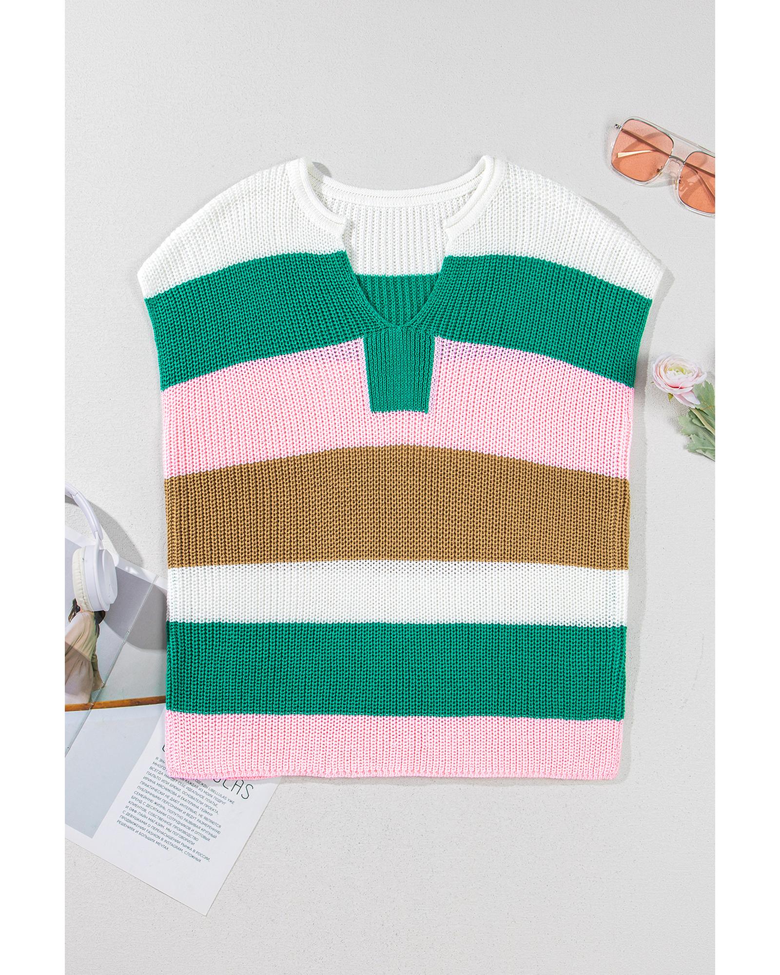 Multicolour Color Block Notch V Neck Sweater T Shirt - L