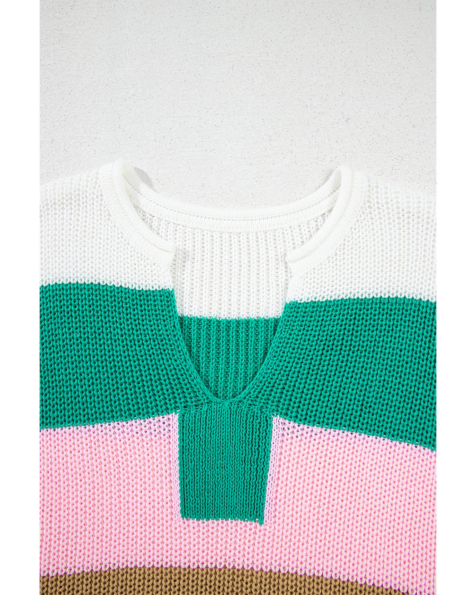 Multicolour Color Block Notch V Neck Sweater T Shirt - M