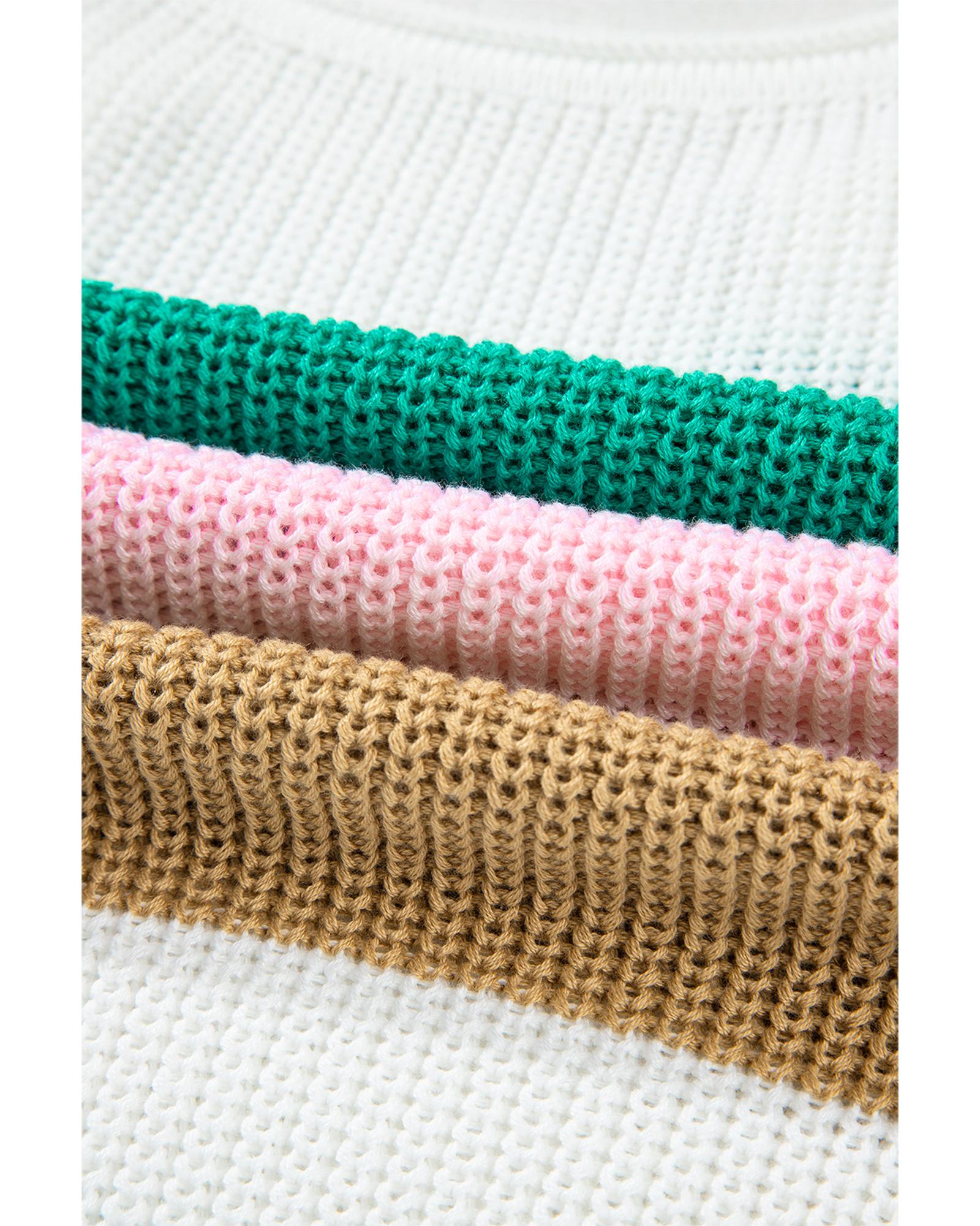 Multicolour Color Block Notch V Neck Sweater T Shirt - S