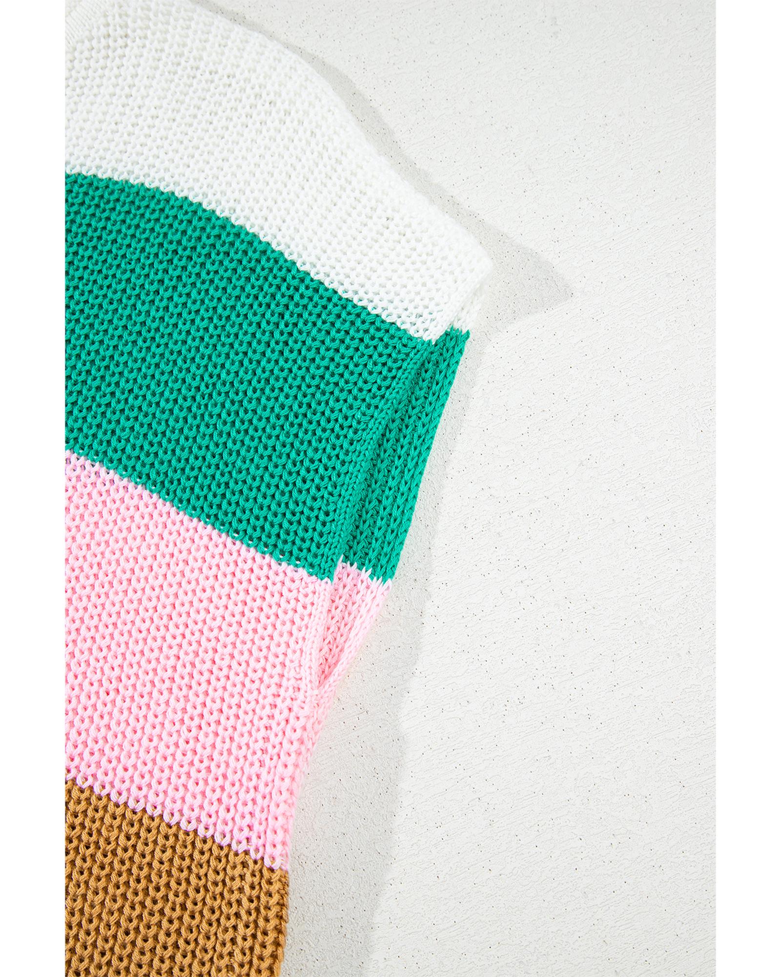 Multicolour Color Block Notch V Neck Sweater T Shirt - S