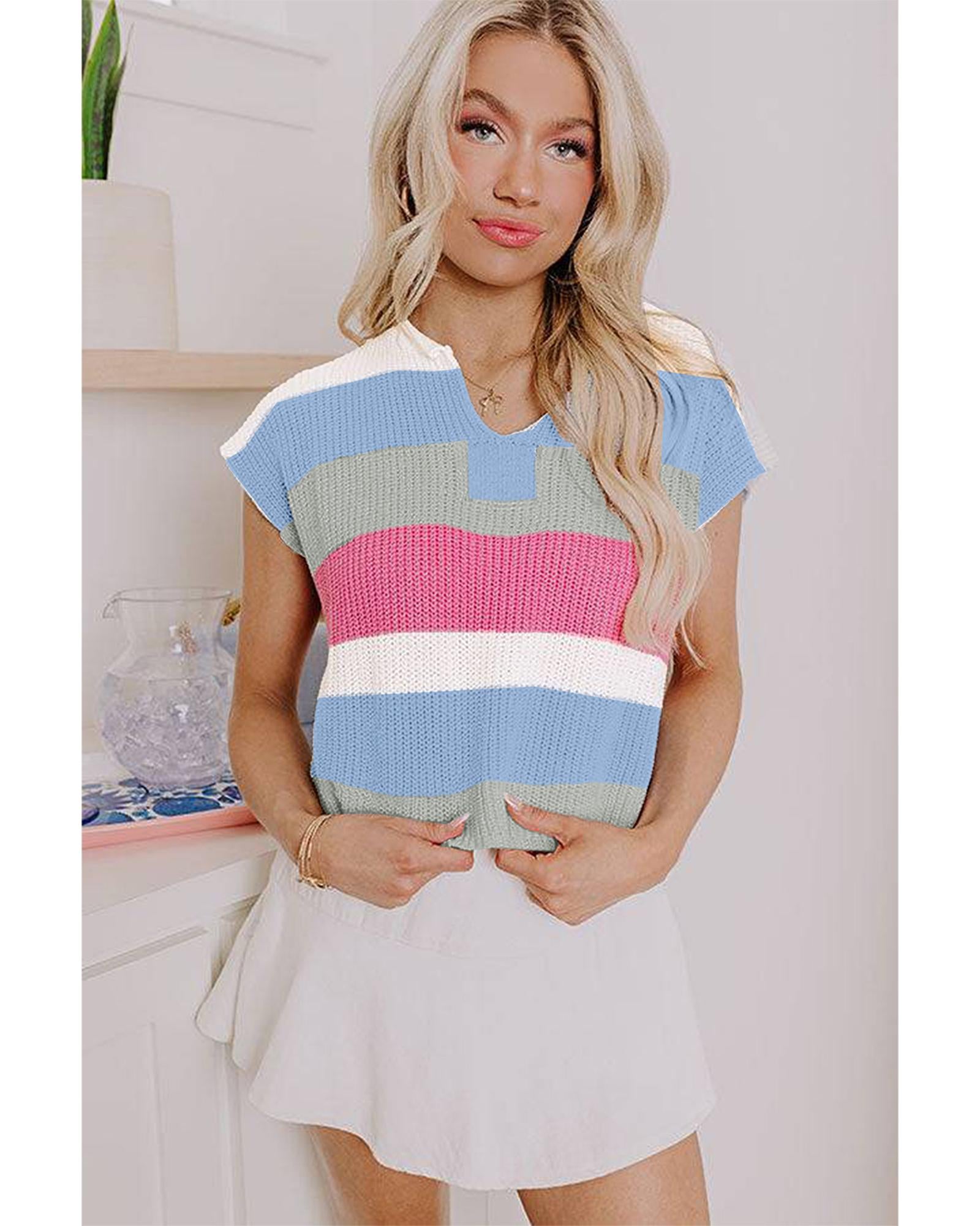 Light Blue Color Block Notch V Neck Sweater T Shirt - M