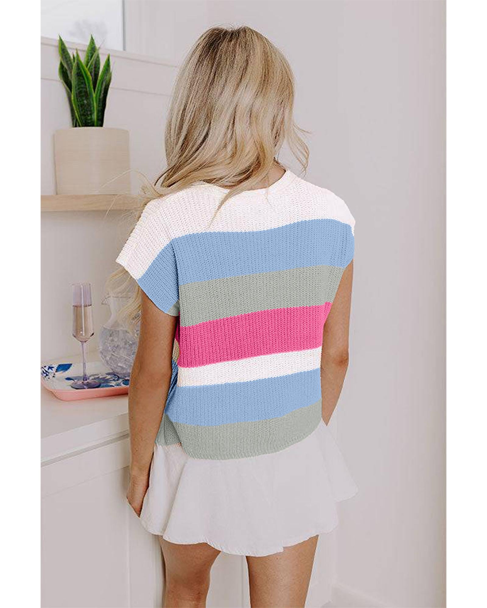 Light Blue Color Block Notch V Neck Sweater T Shirt - S