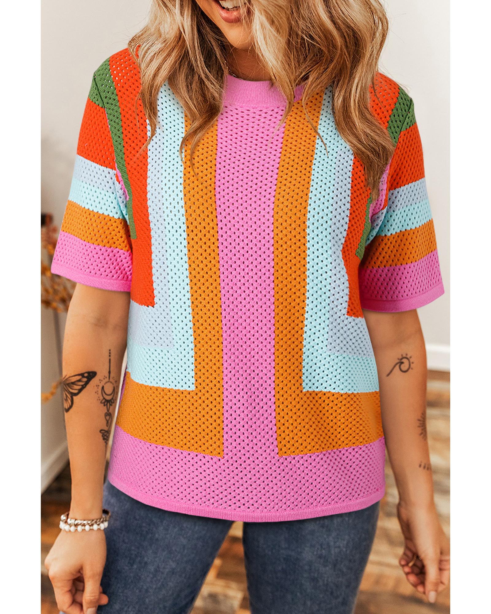 Orange Color Block Eyelet Casual Sweater T Shirt - L