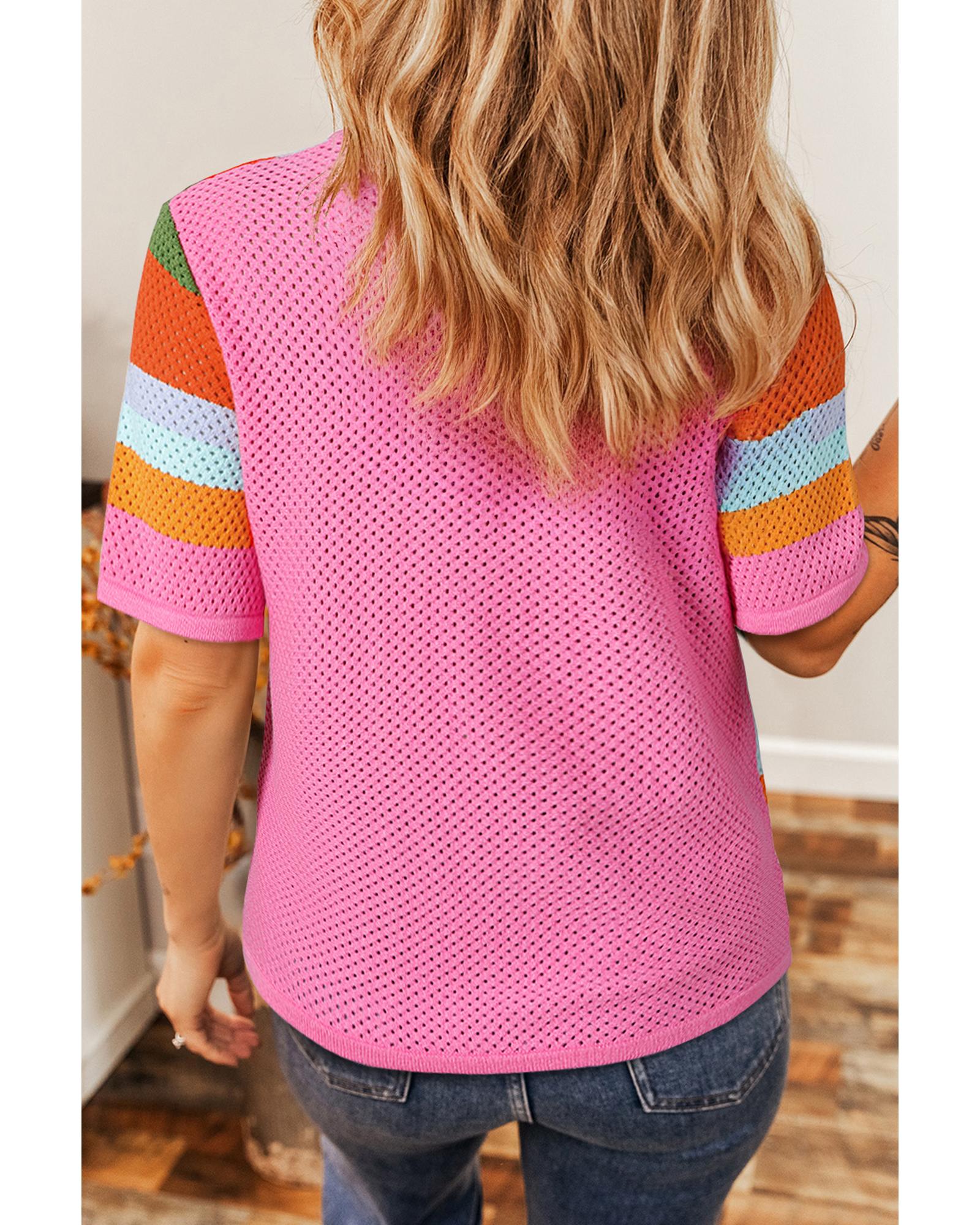 Orange Color Block Eyelet Casual Sweater T Shirt - L