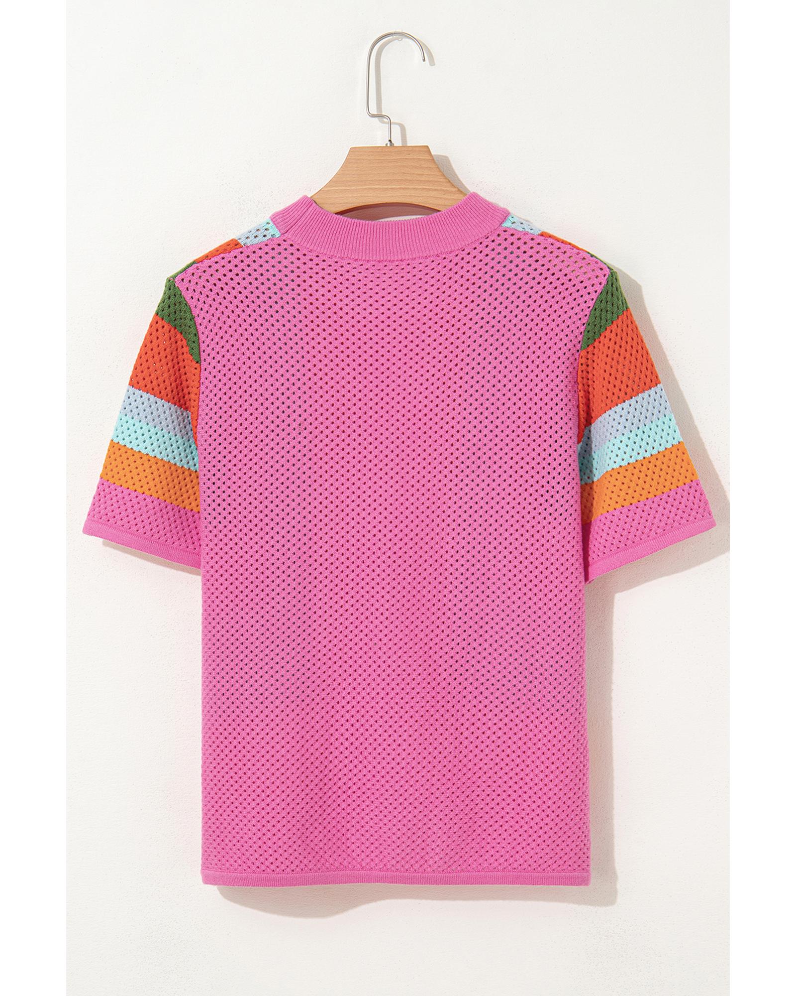 Orange Color Block Eyelet Casual Sweater T Shirt - L