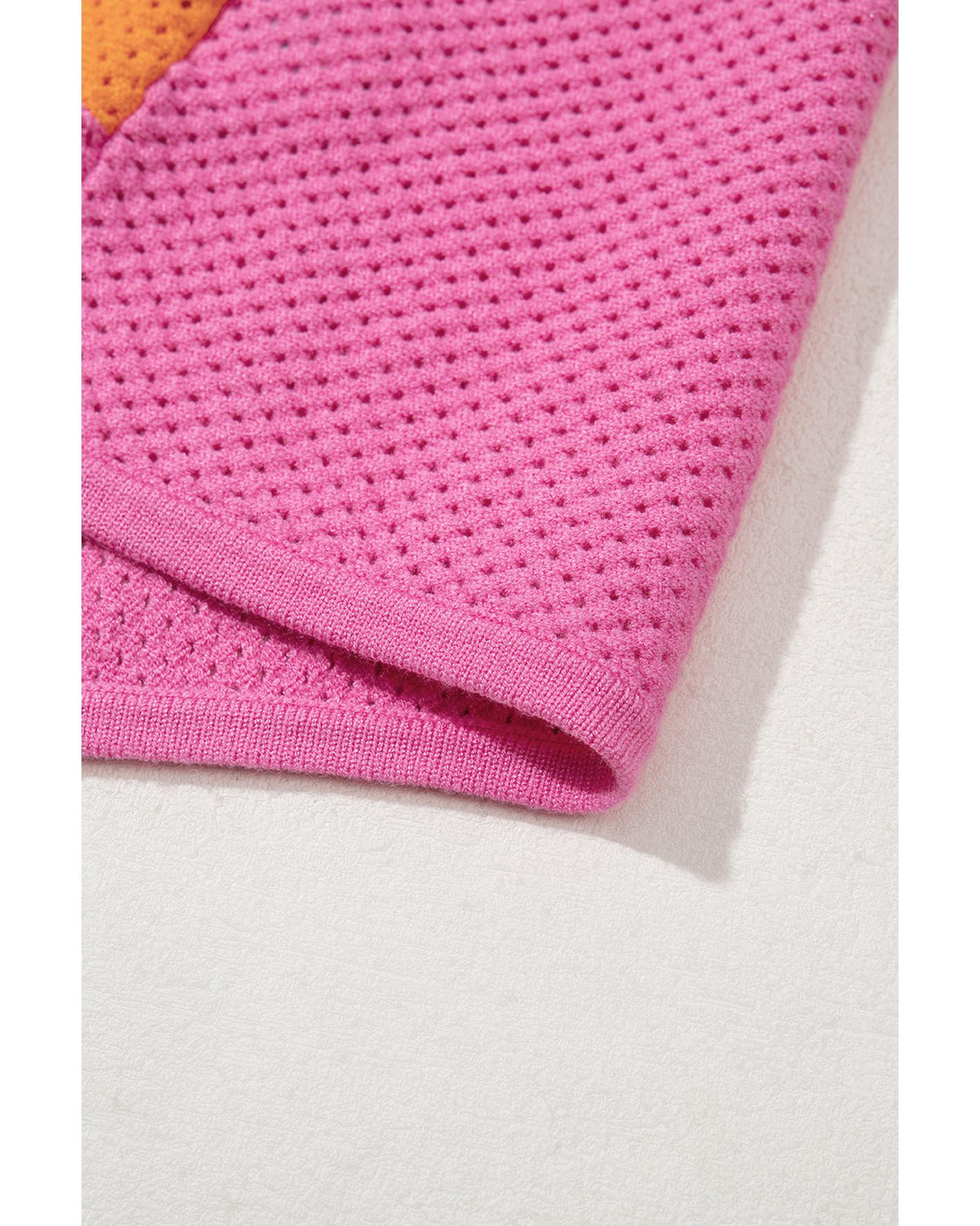 Orange Color Block Eyelet Casual Sweater T Shirt - M