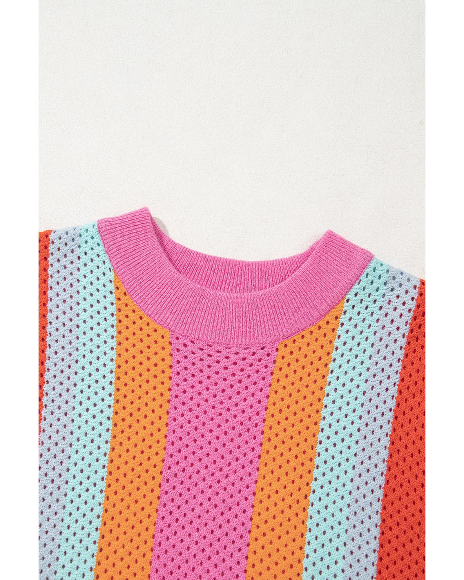 Orange Color Block Eyelet Casual Sweater T Shirt - M