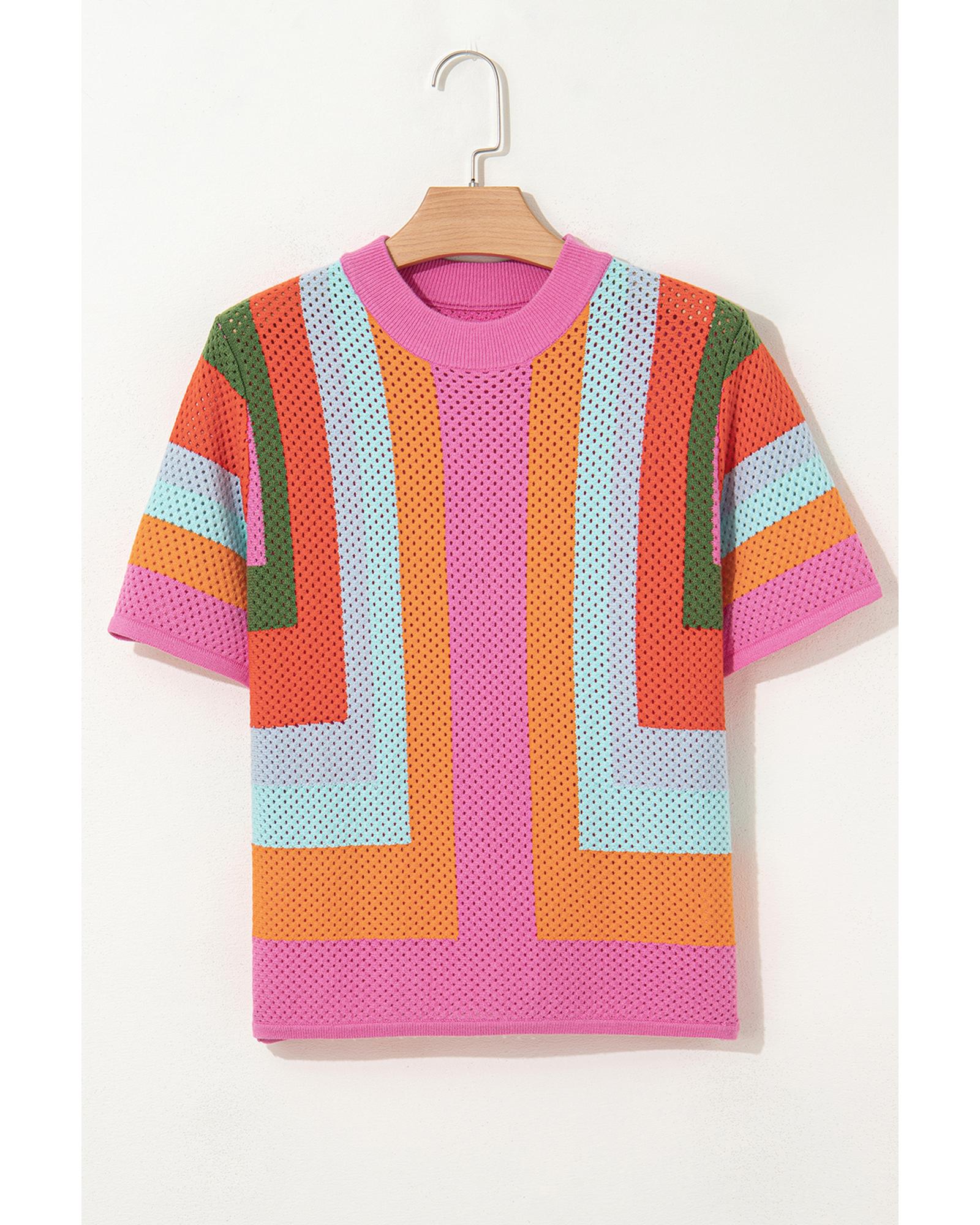 Orange Color Block Eyelet Casual Sweater T Shirt - XL