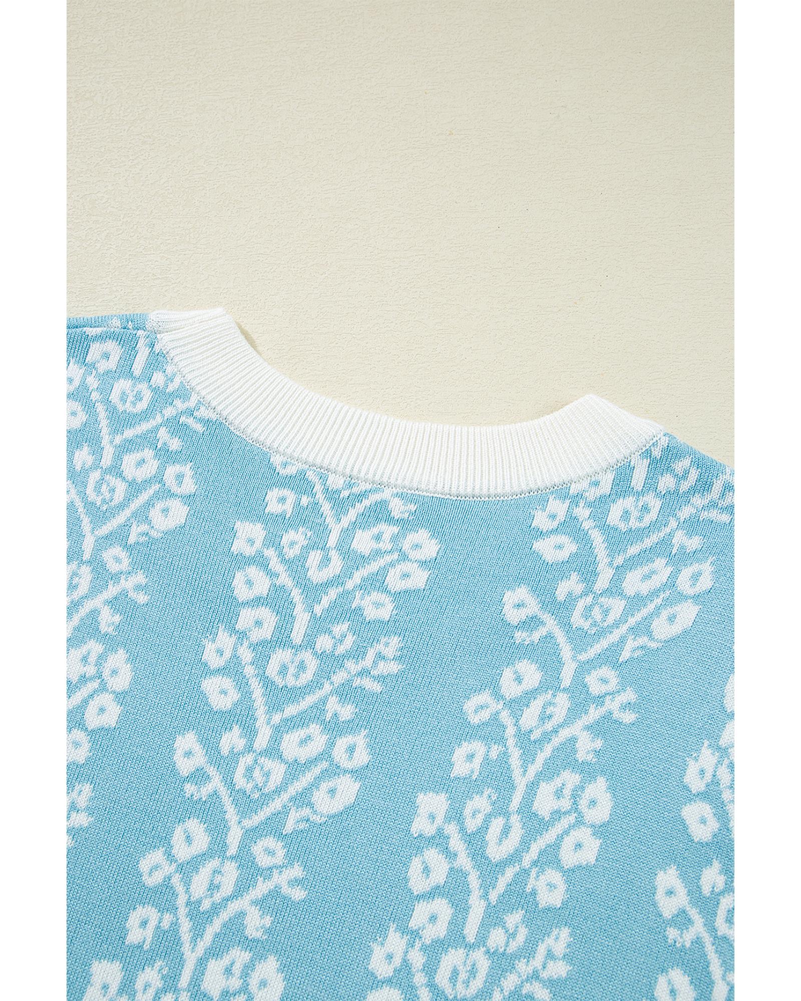 Sky Blue Contrast Floral Crewneck Short Sleeve Sweater - L