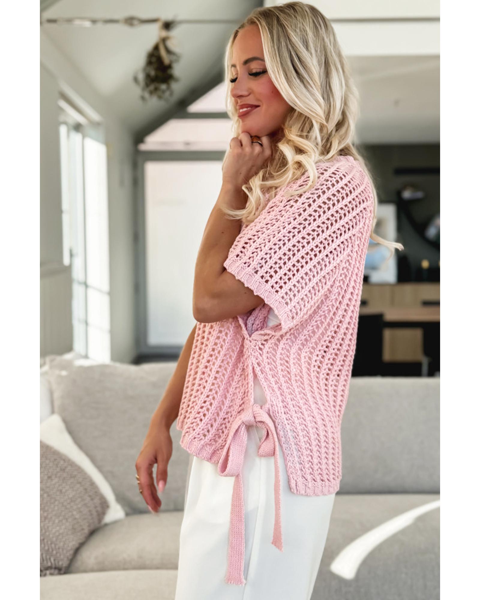 Pink Hollow-out Crochet Side Tied Short Sleeve Sweater - L