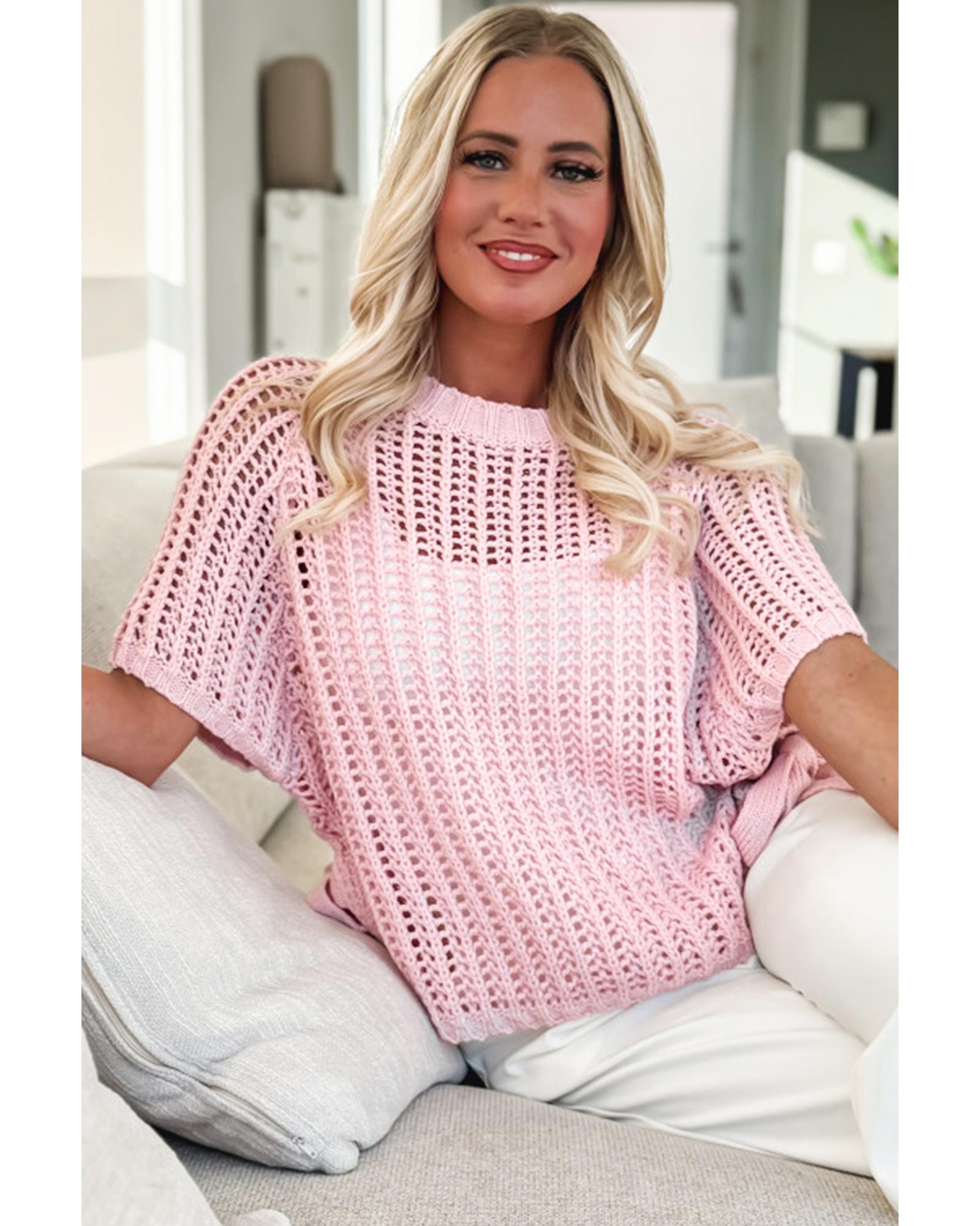 Pink Hollow-out Crochet Side Tied Short Sleeve Sweater - M