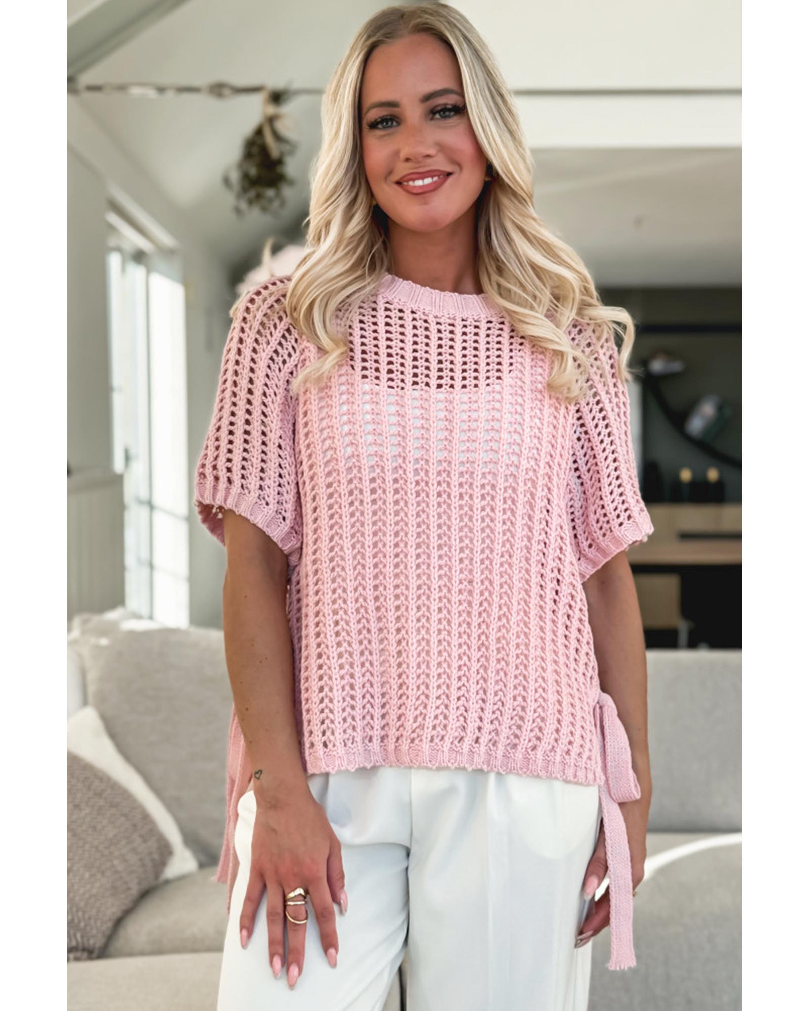 Pink Hollow-out Crochet Side Tied Short Sleeve Sweater - M
