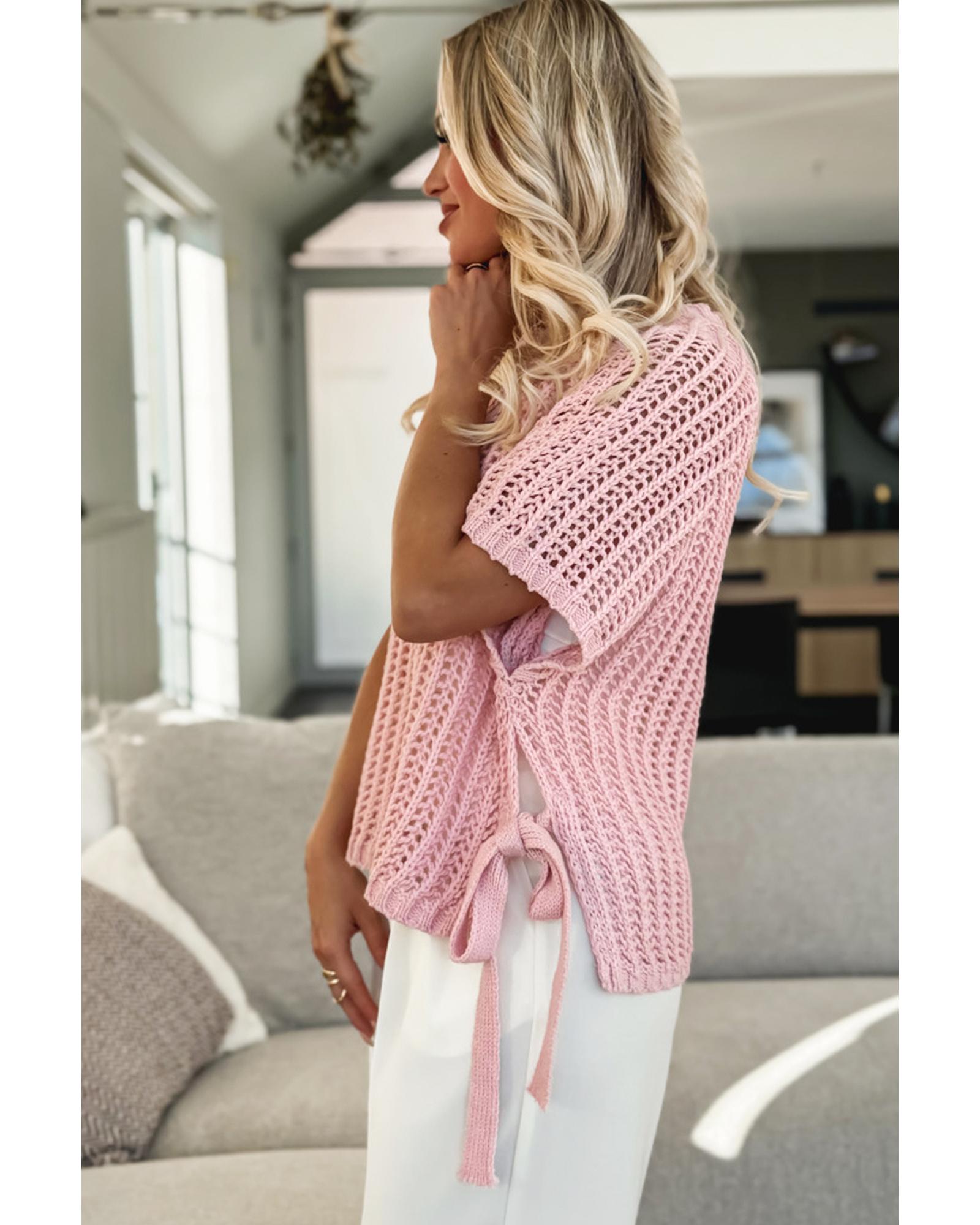 Pink Hollow-out Crochet Side Tied Short Sleeve Sweater - M