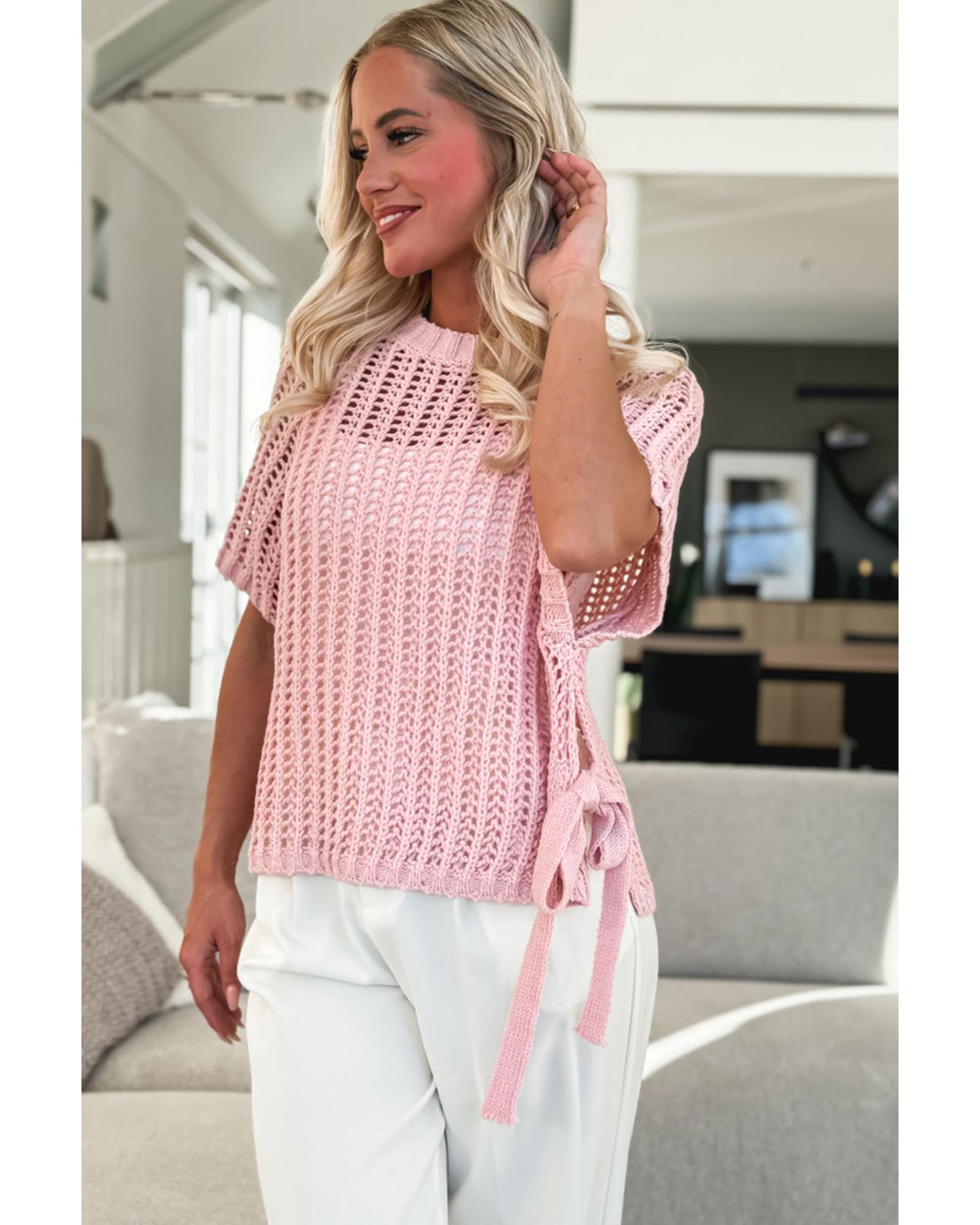 Pink Hollow-out Crochet Side Tied Short Sleeve Sweater - M