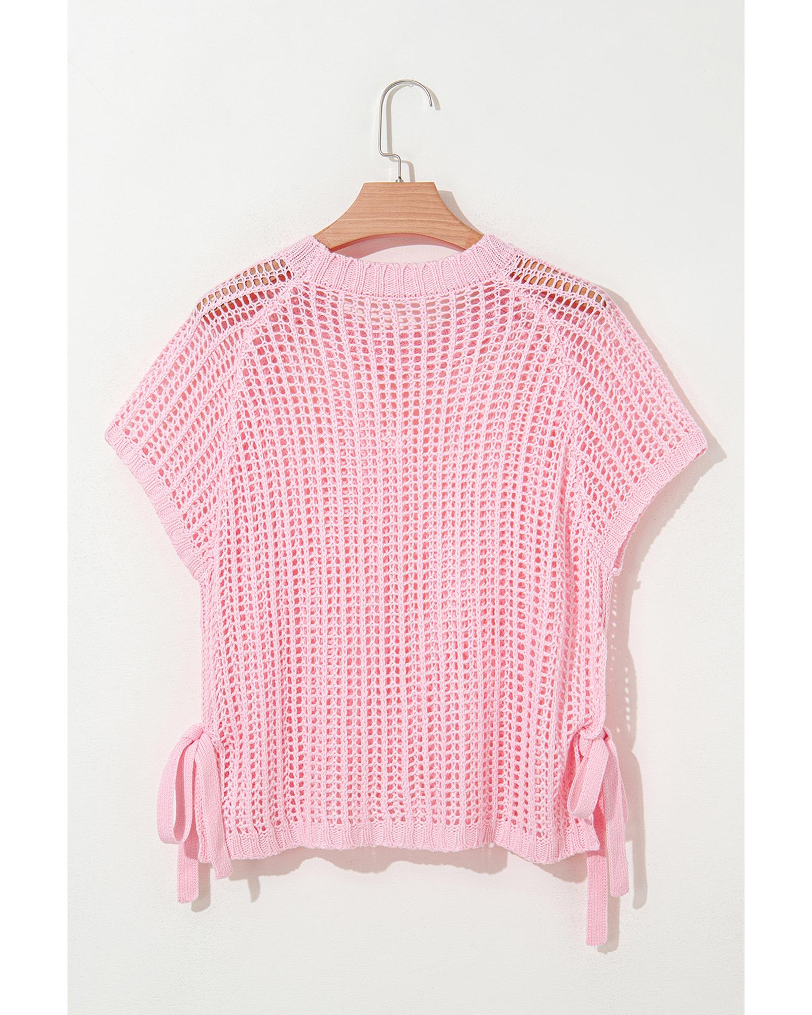 Pink Hollow-out Crochet Side Tied Short Sleeve Sweater - M