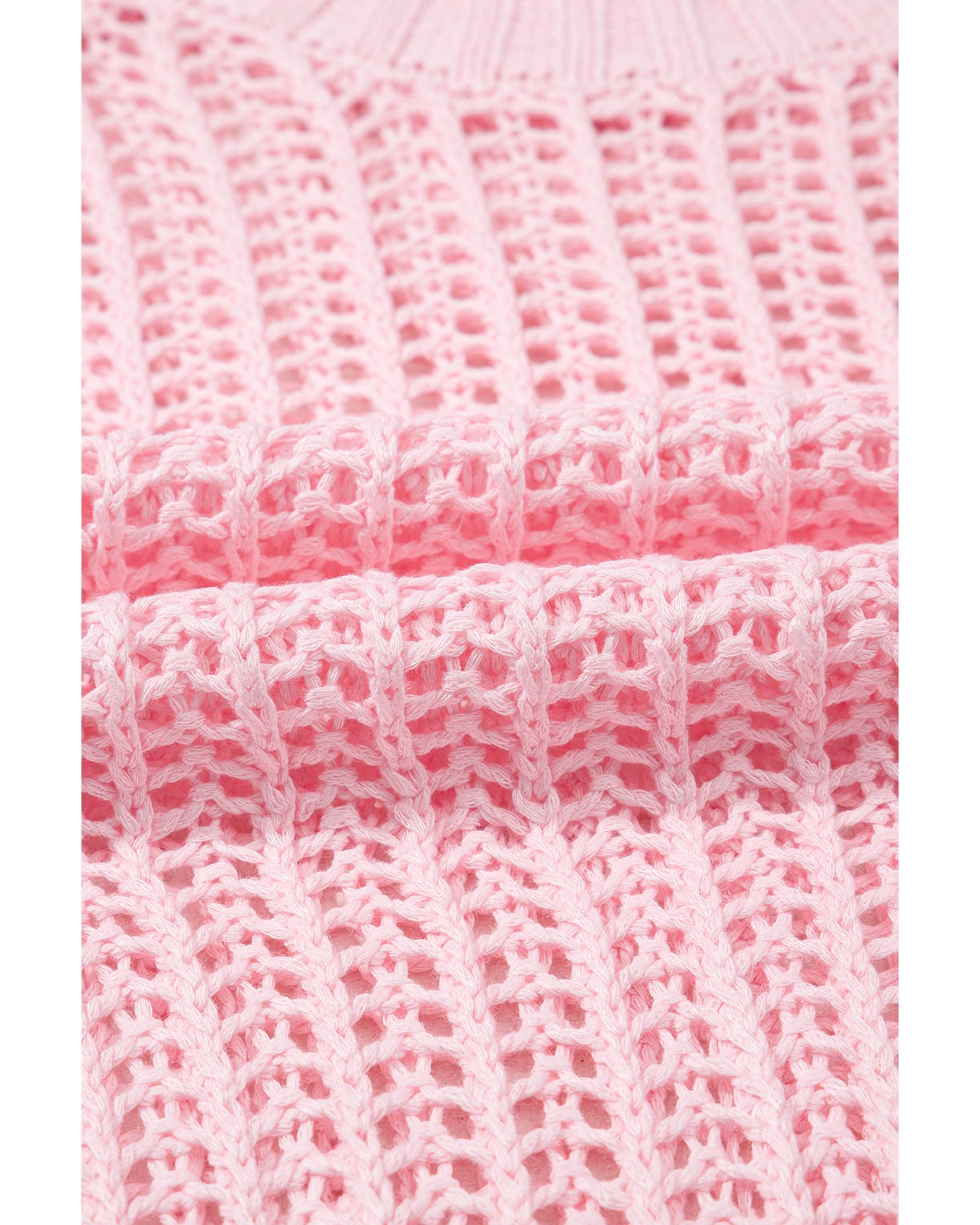 Pink Hollow-out Crochet Side Tied Short Sleeve Sweater - M