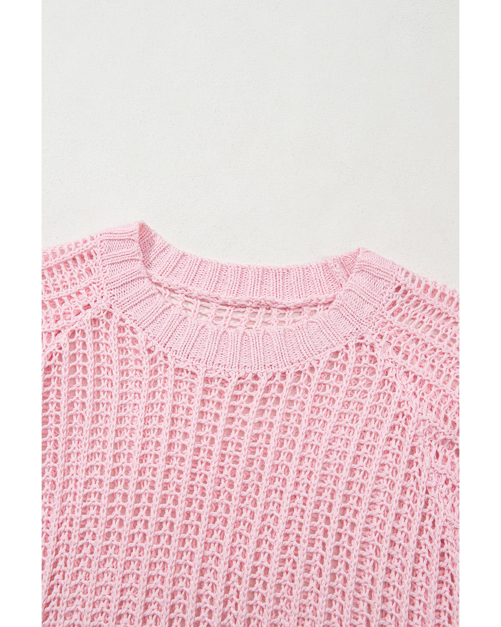 Pink Hollow-out Crochet Side Tied Short Sleeve Sweater - M