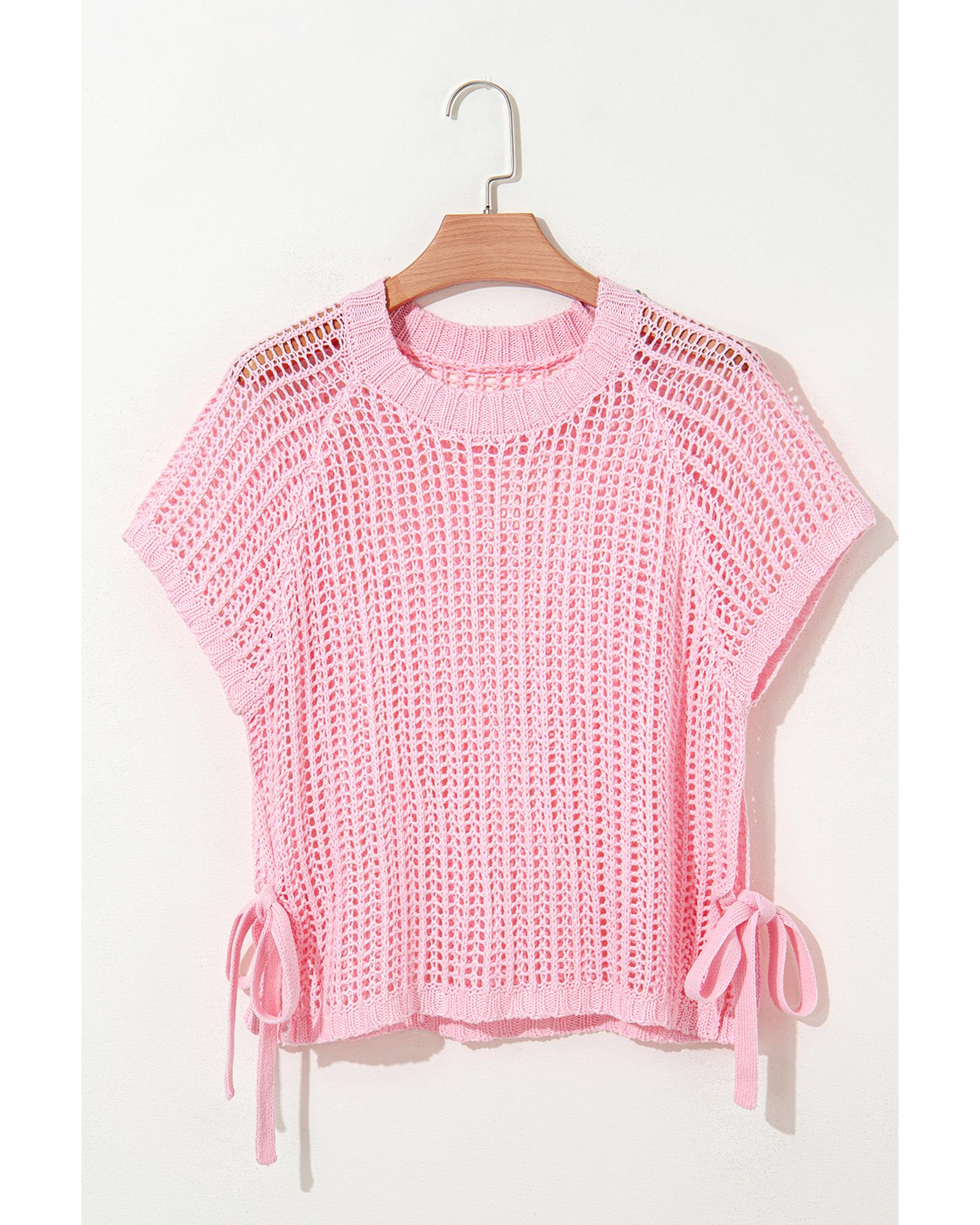 Pink Hollow-out Crochet Side Tied Short Sleeve Sweater - XL