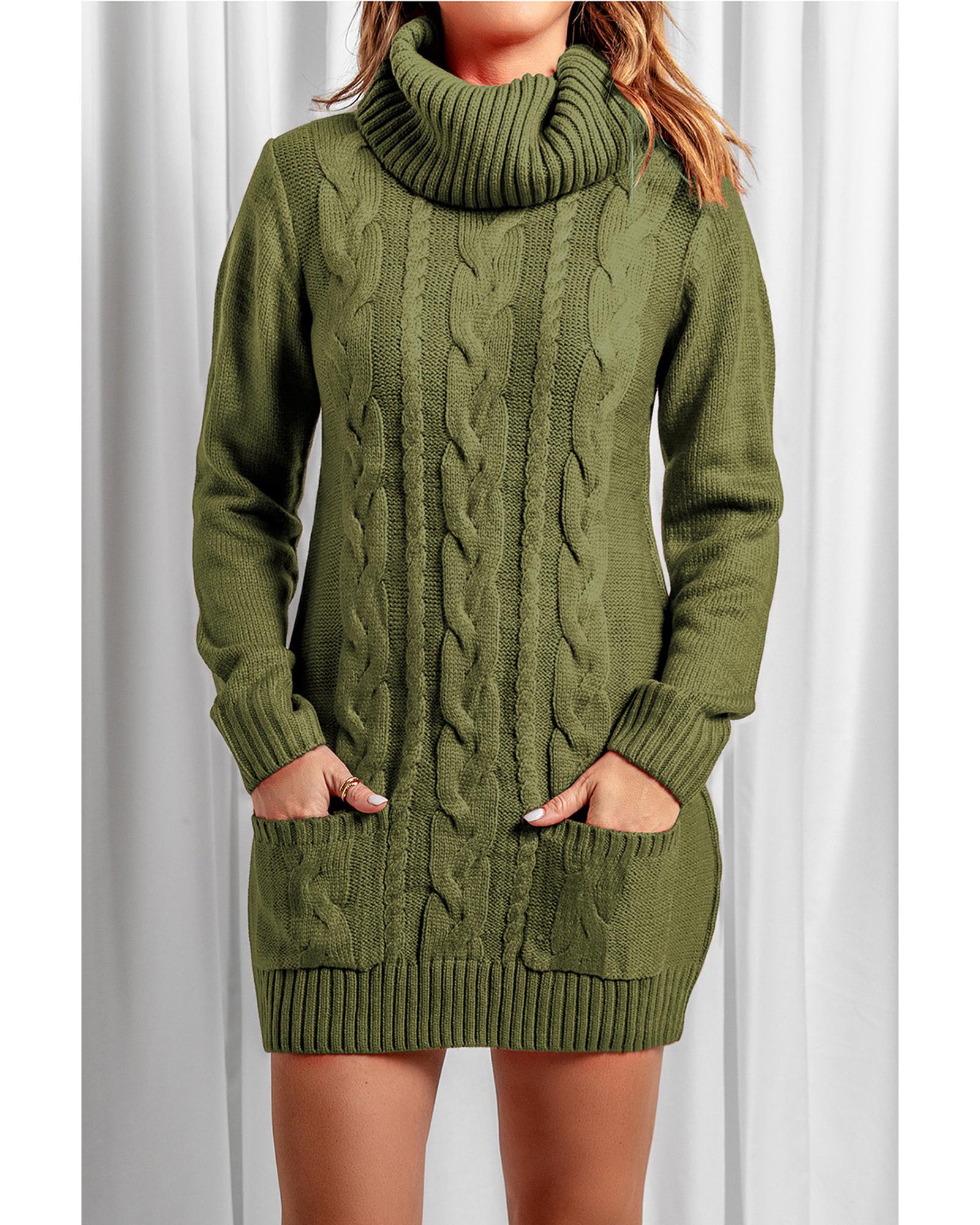Azura Exchange Olive Cowl Neck Cable Knit Sweater Dress - M