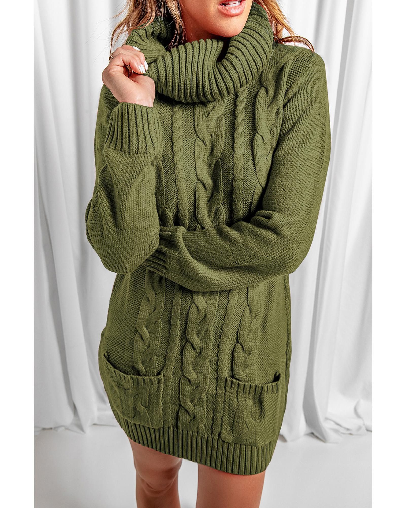 Azura Exchange Olive Cowl Neck Cable Knit Sweater Dress - M