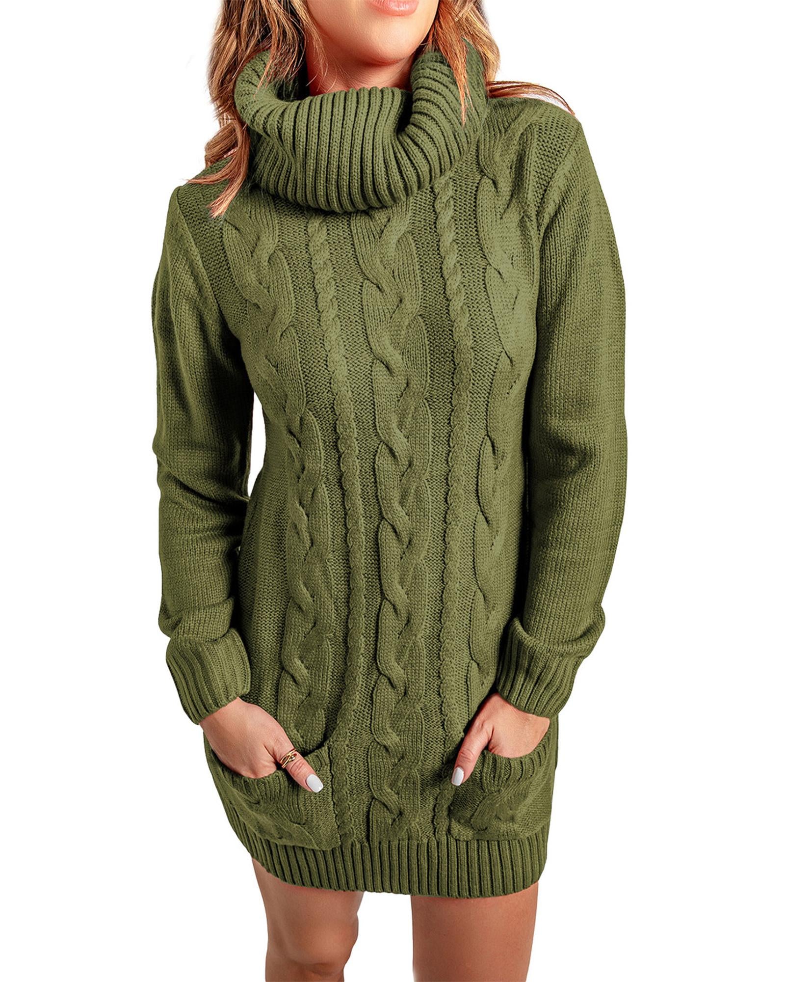 Azura Exchange Olive Cowl Neck Cable Knit Sweater Dress - S