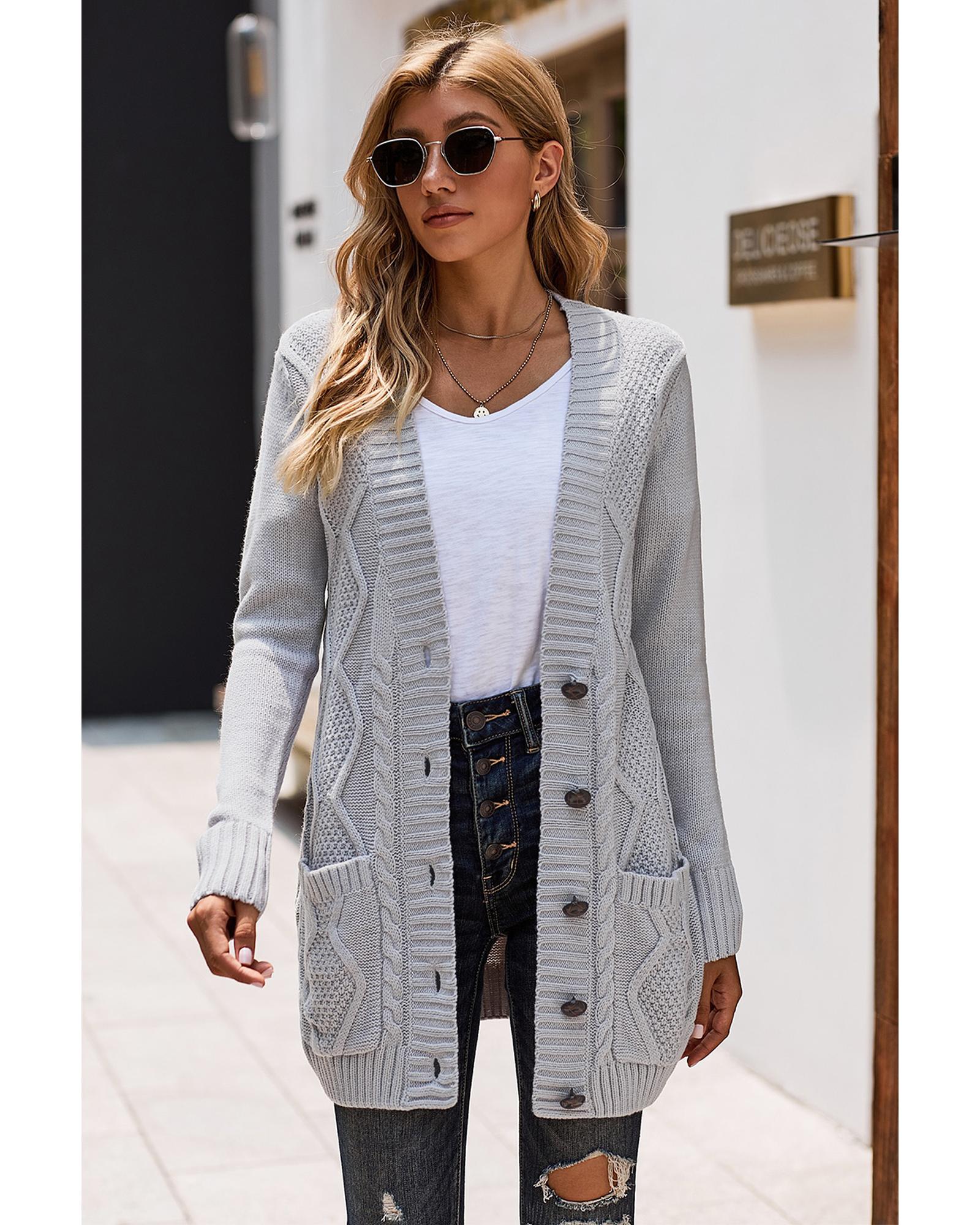 Gray Front Pocket and Buttons Closure Cardigan - M