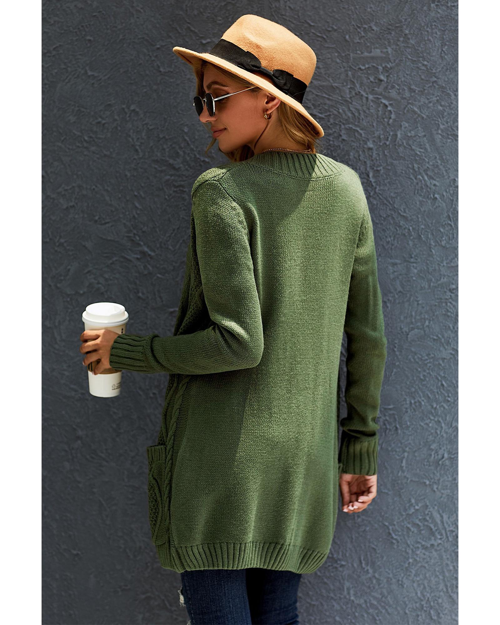 Green Front Pocket and Buttons Closure Cardigan - M