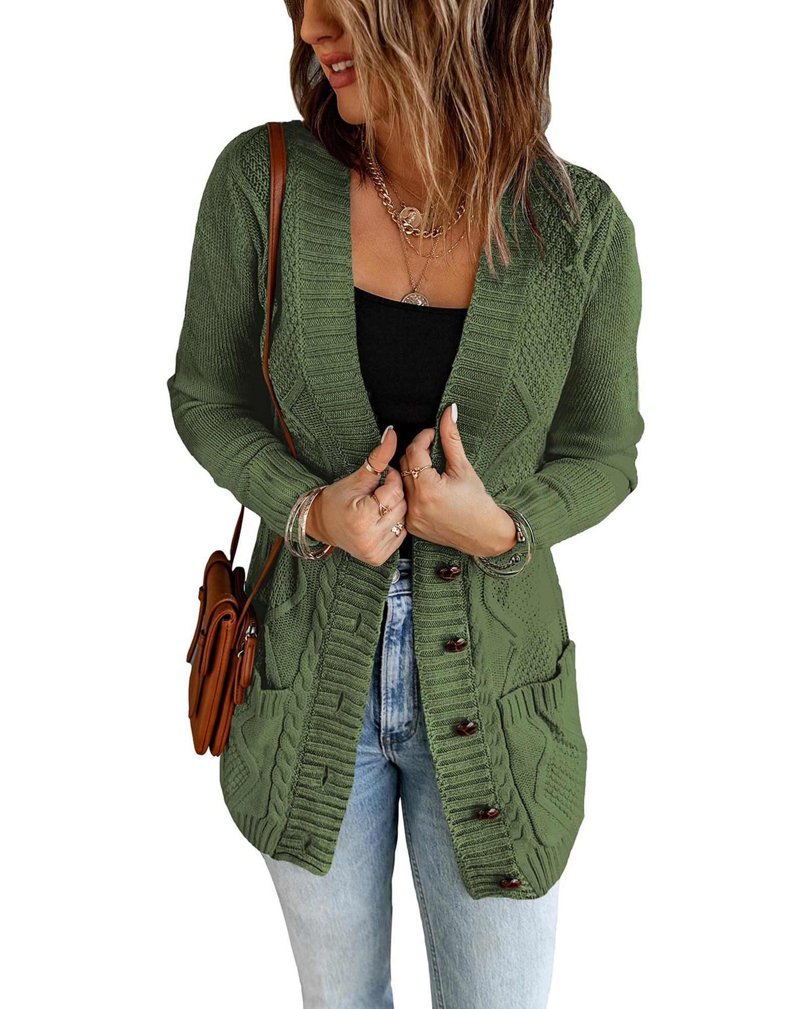Green Front Pocket and Buttons Closure Cardigan - S